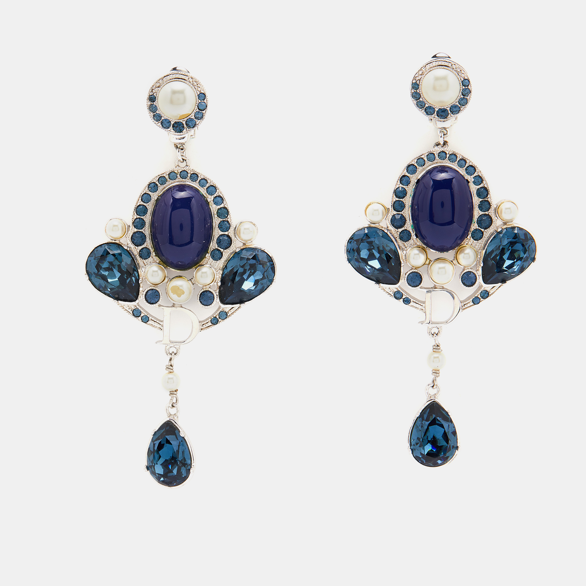 Pre Owned Dior Vintage Silver Tone Blue Crystal Drop Clip-On Earrings