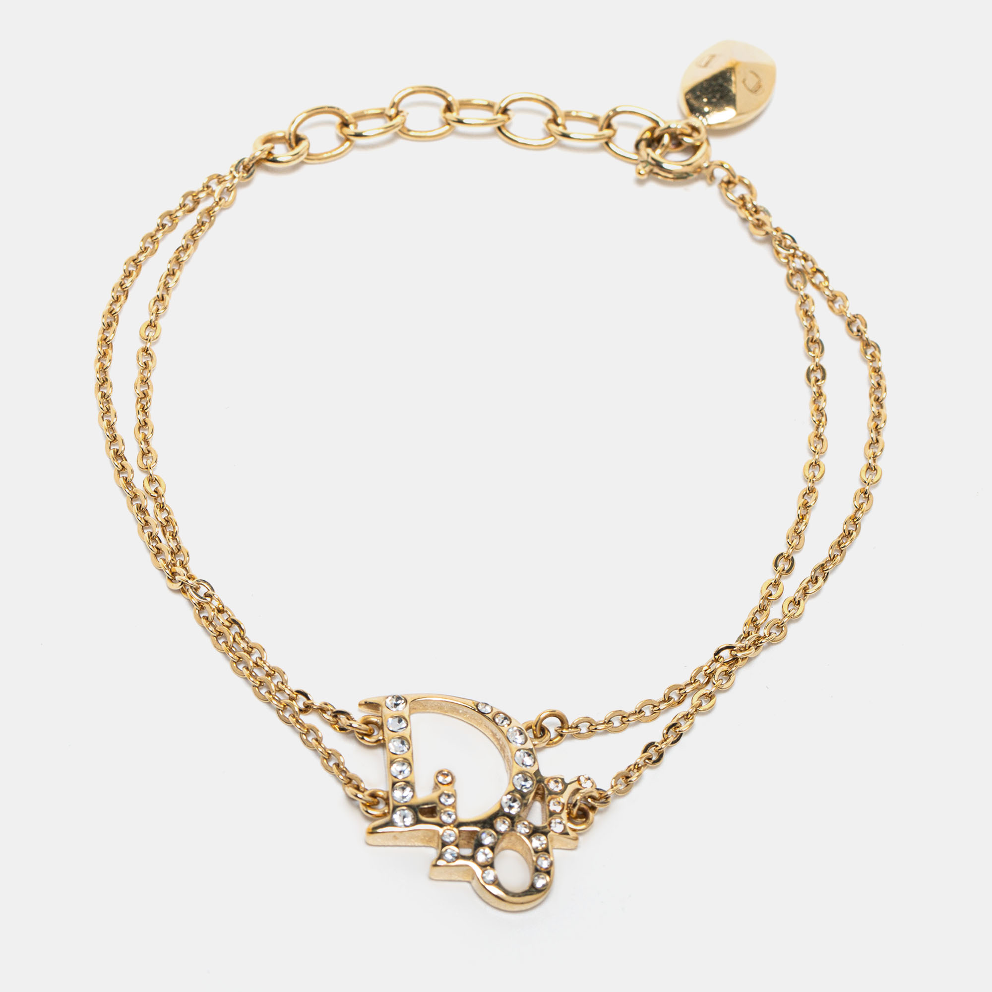 Pre-owned Dior Oblique Crystal Charm Double Chain Bracelet In Gold
