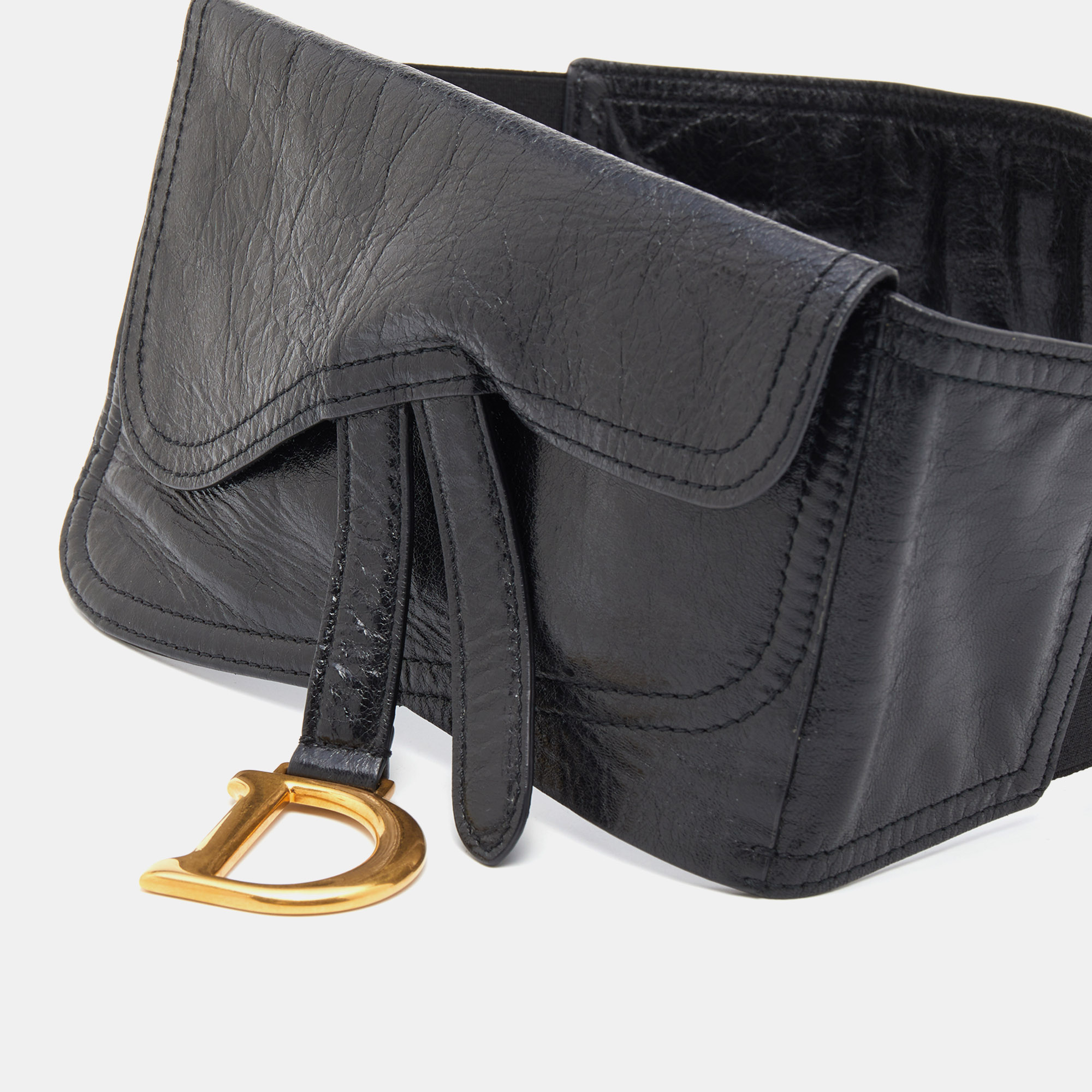 

Dior Black Crinkled Leather and Stretch Band Saddle Belt