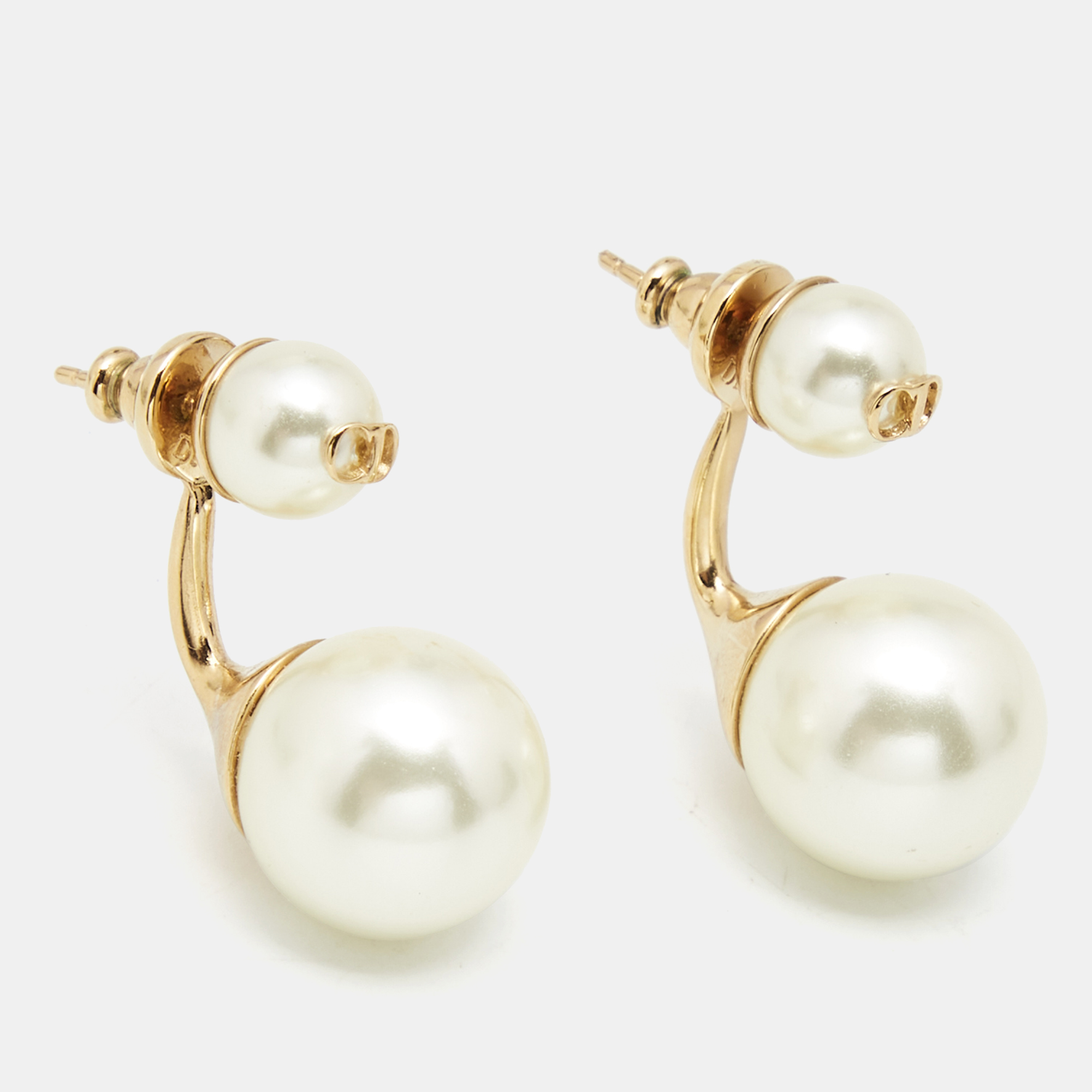 

Dior Gold Tone CD Double Faux Pearl Earrings, White