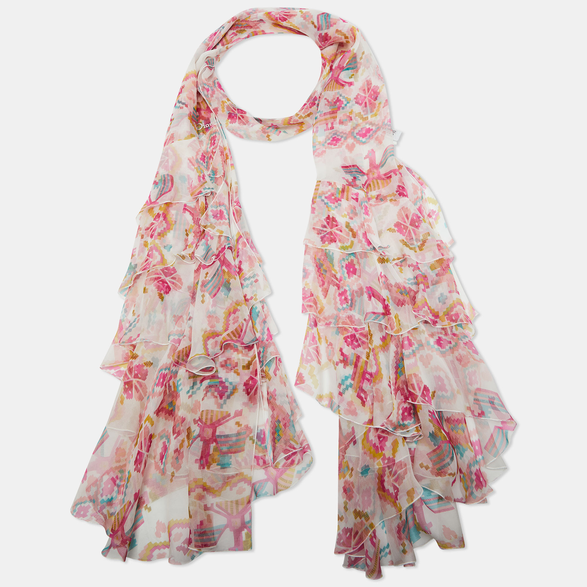 

Dior Pink Aztec Print Silk Ruffled Scarf