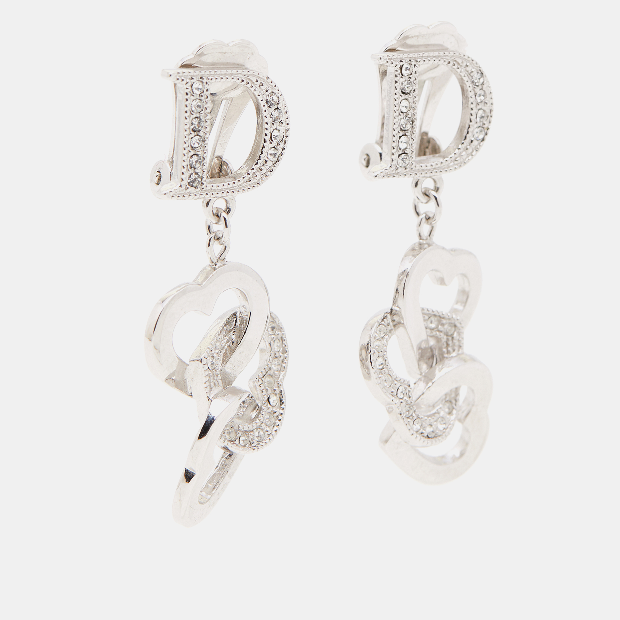 

Dior Silver Tone Crystal Heart Loop Clip-On Earrings