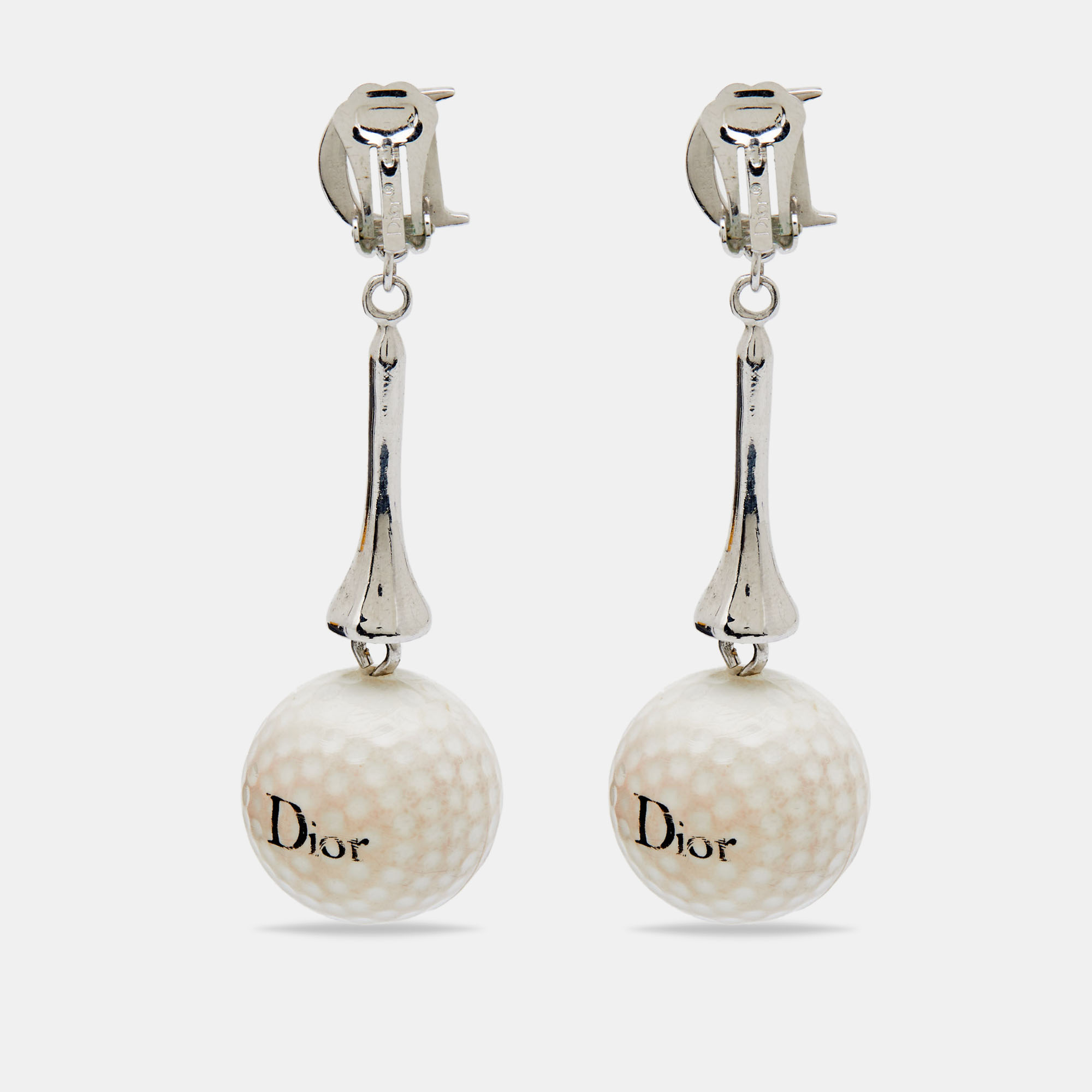 

Dior Silver Tone Golf Ball Charm Clip On Drop Earrings