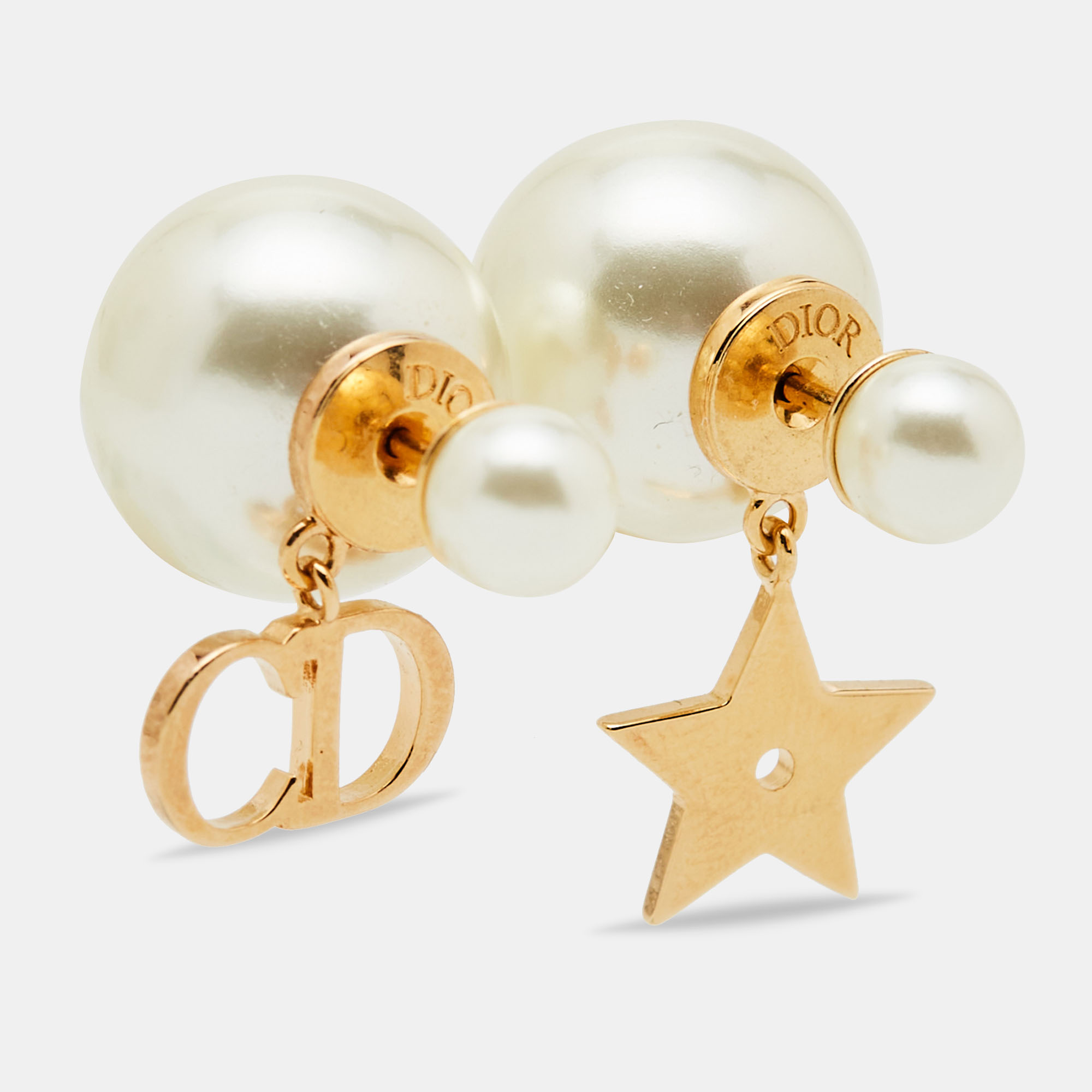 

Dior Tribales Faux Pearl Logo and Star Drop Gold Tone Earrings