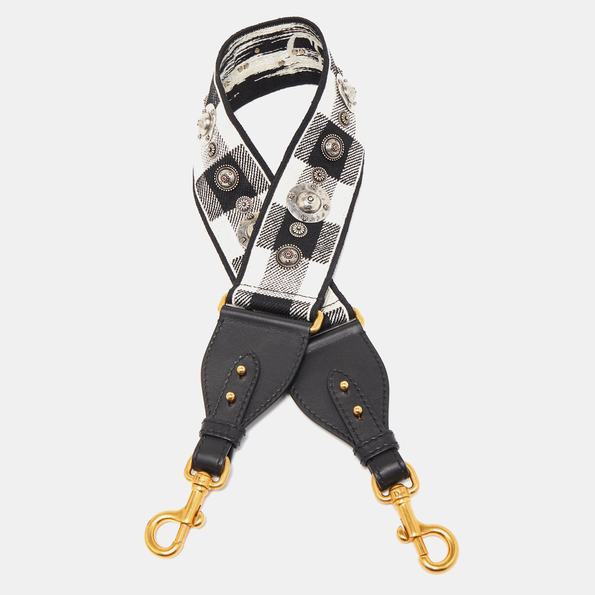 

Dior Black/White Checkered Canvas and Leather Studded Shoulder Bag Strap