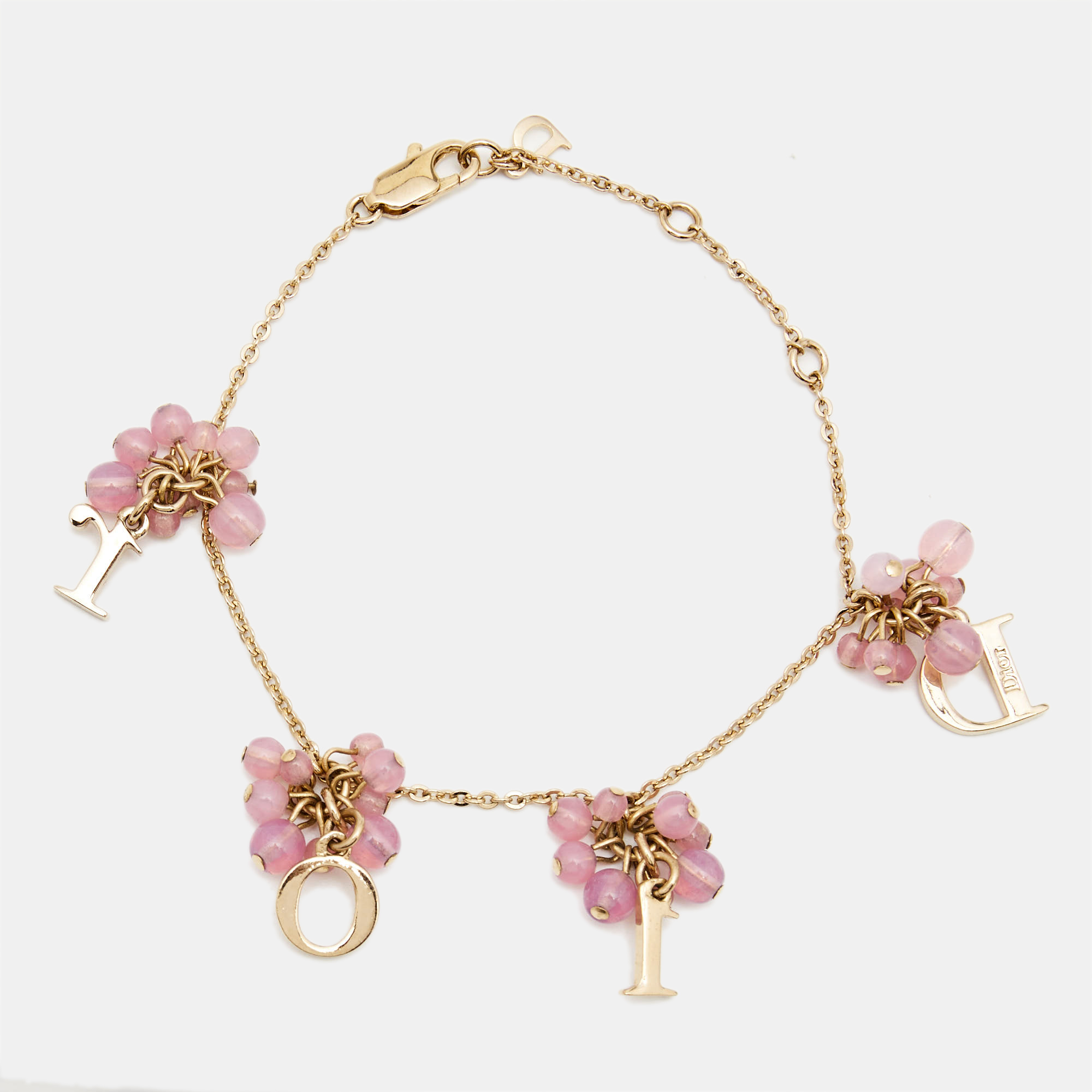 

Dior Pink Beaded Logo Gold Tone Station Charm Bracelet