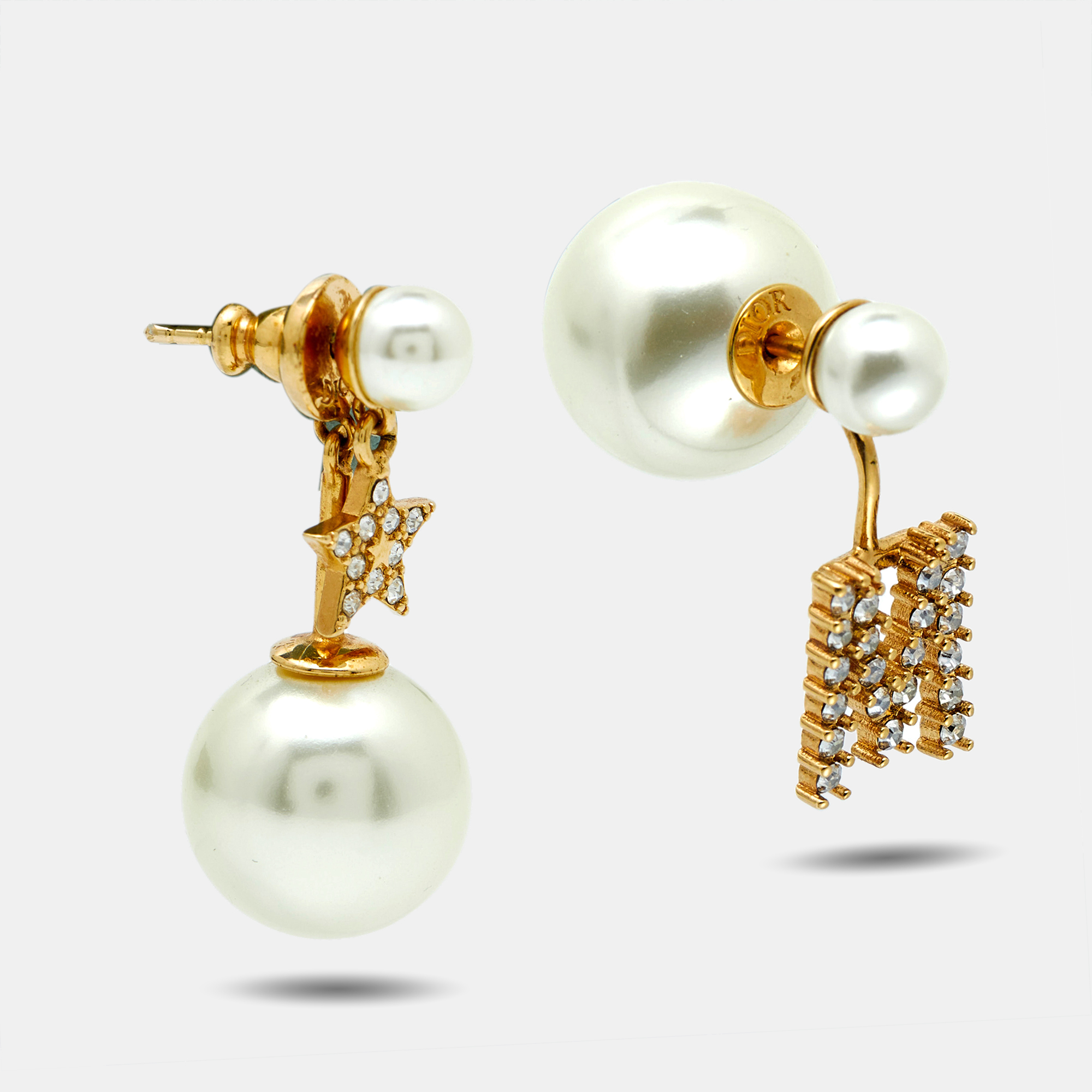 

Dior Tribales Letter  & Star Crystal Faux Pearl Gold Tone Asymmetric Earrings