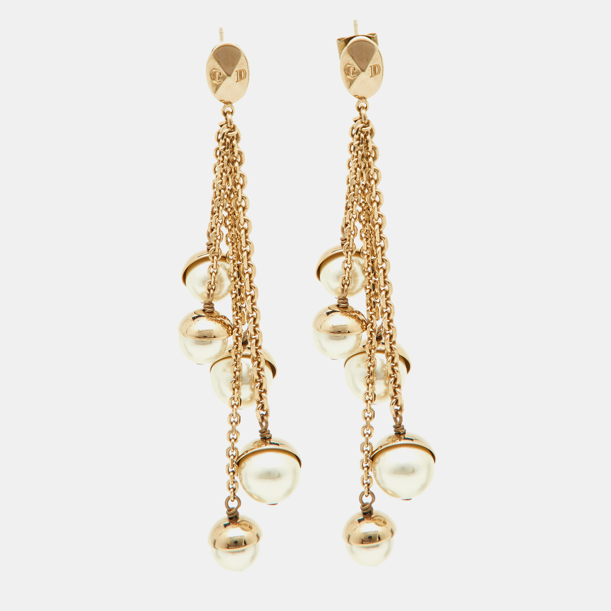 

Dior Faux Pearl & Gold Tone Multi Chain Drop Earrings