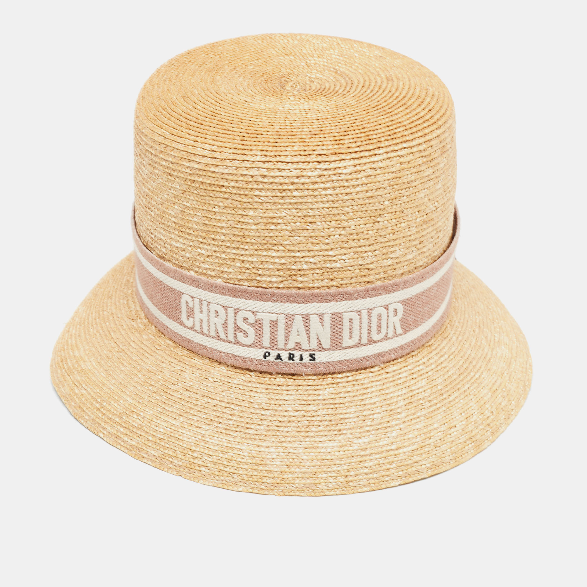 

Christian Dior Beige/Pink Straw Logo Band Detail Dioresort Hat Size