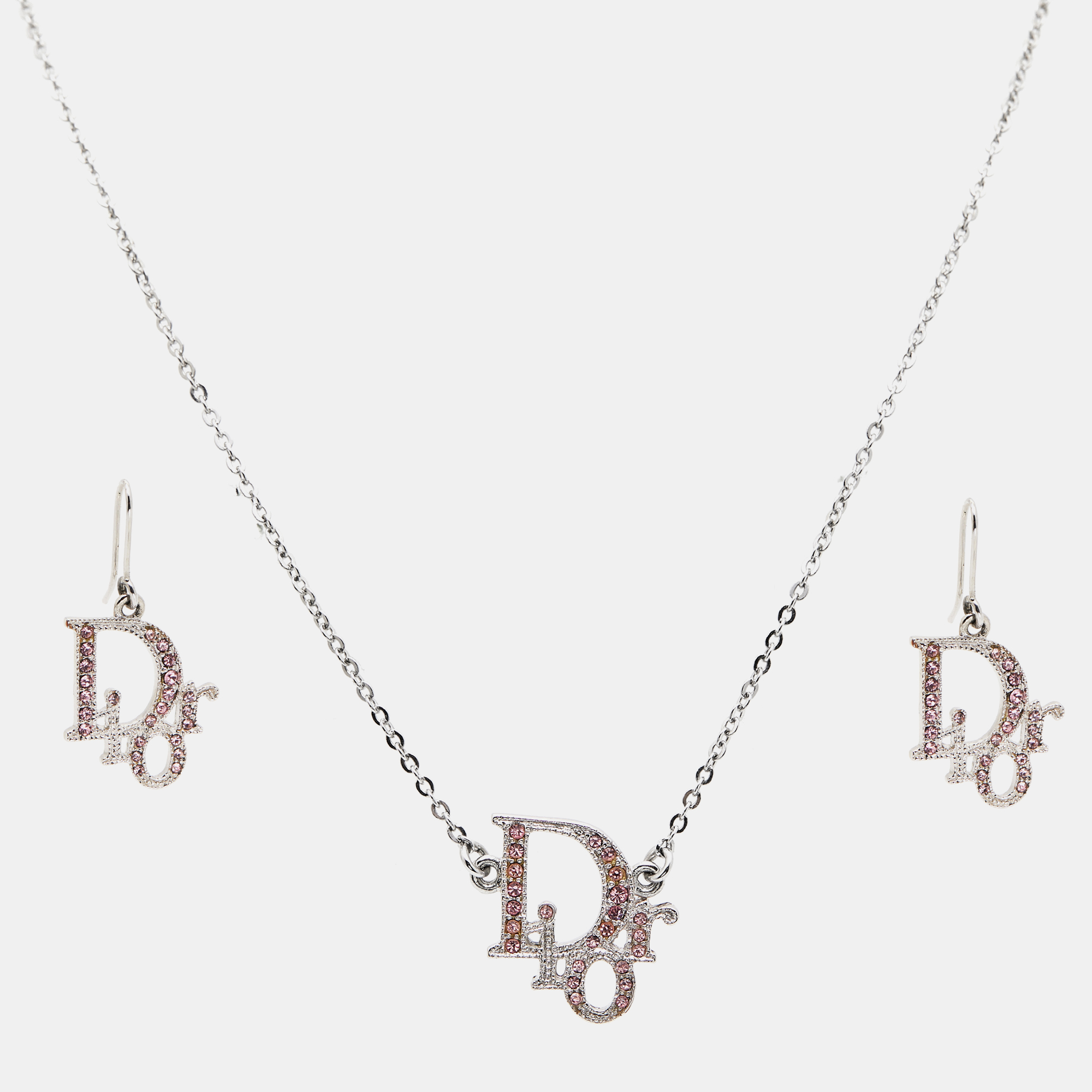 Pre-owned Dior Logo Crystal Silver Tone Necklace And Earrings