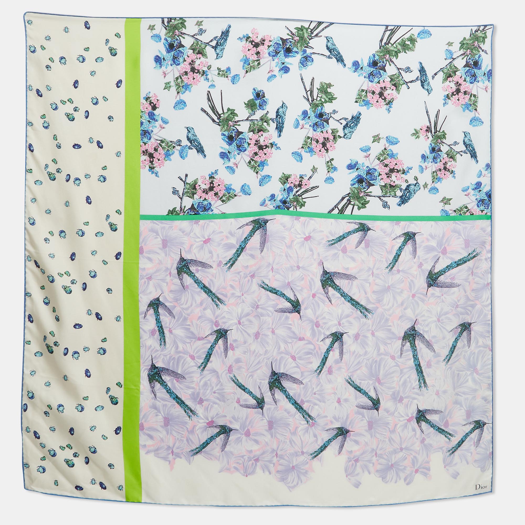 Pre-owned Dior Multicolor Floral Birds Bugs Print Silk Scarf