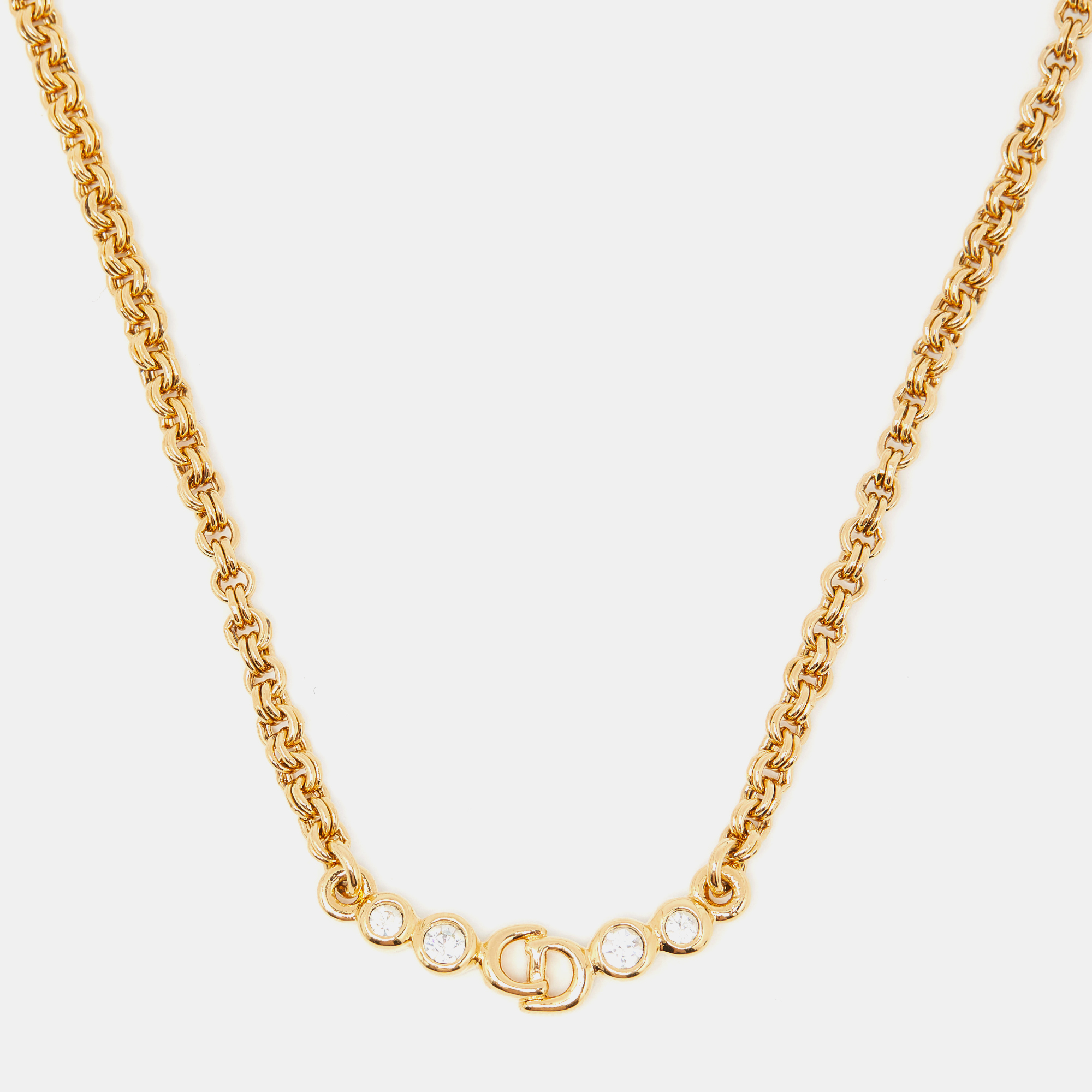 

Christian Dior Vintage Gold Tone CD Rhinestone Chain Necklace