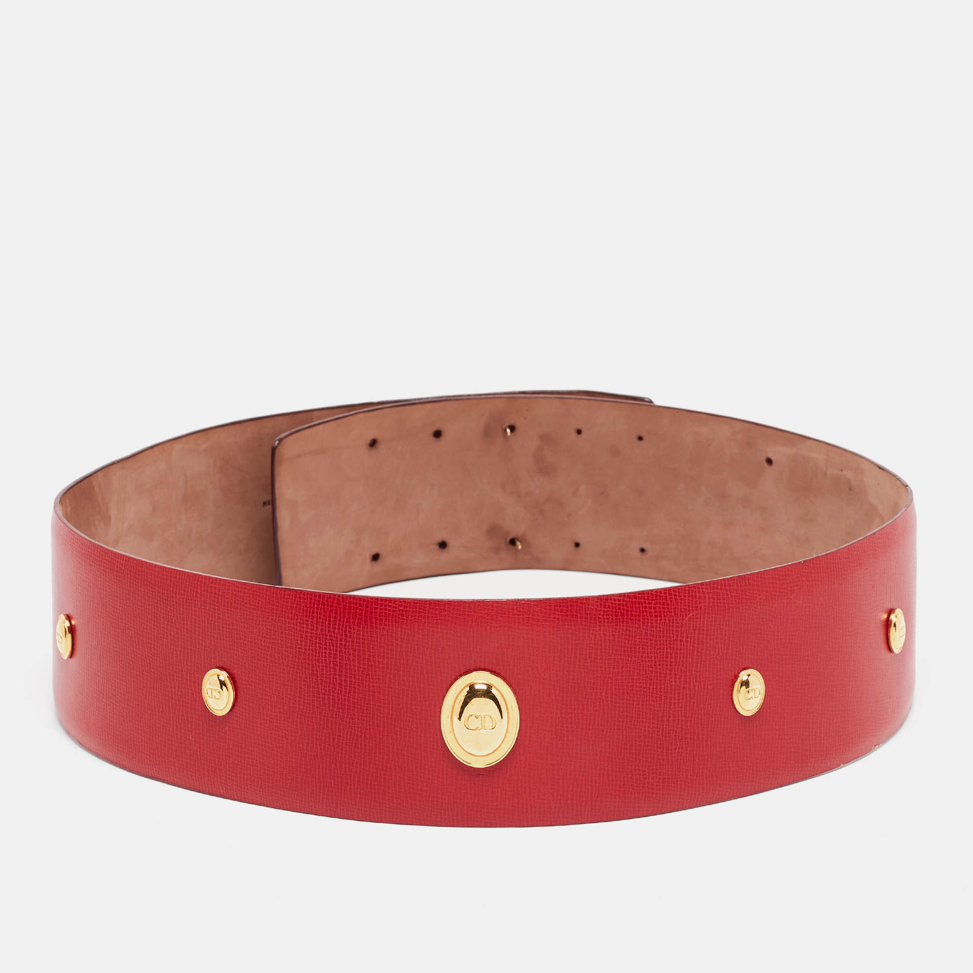 Pre-owned Dior Red Leather Embellished Wide Waist Belt 106cm