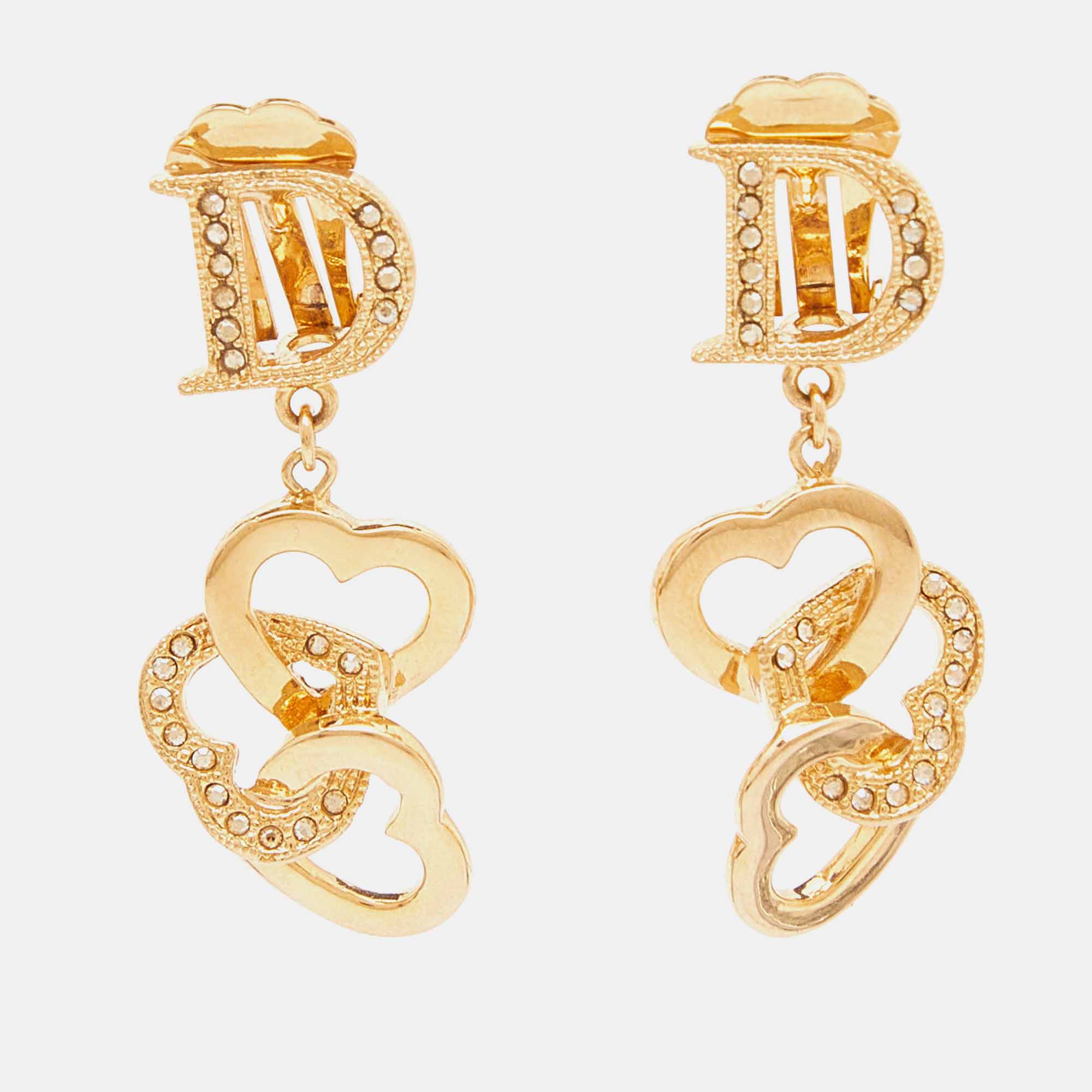 Pre-owned Dior Gold Tone Crystal D Heart Dangle Clip-on Earrings