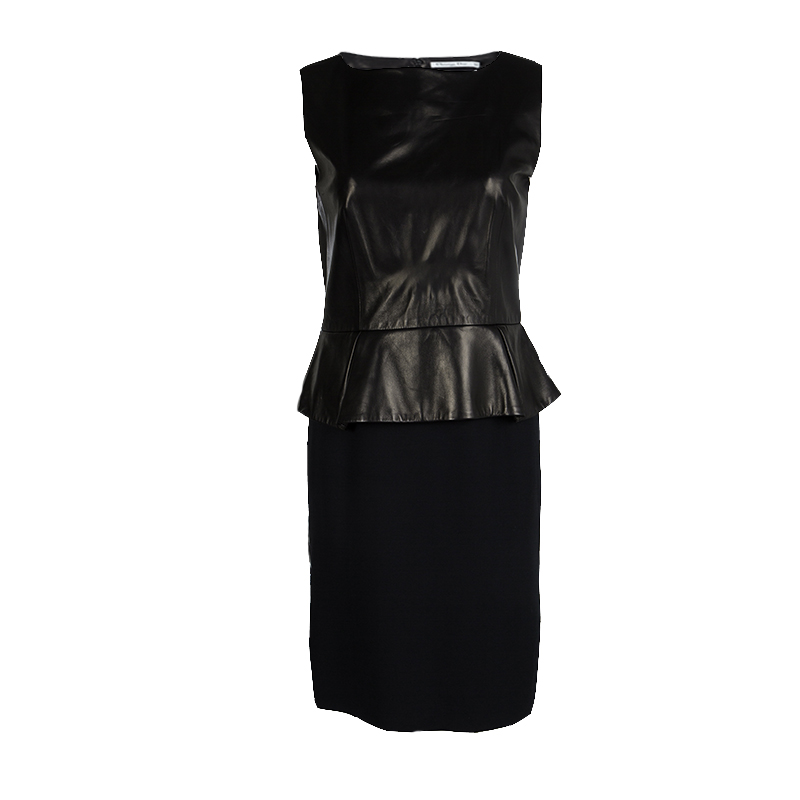 Pre Owned Dior Black Leather Peplum Sleeveless Dress M