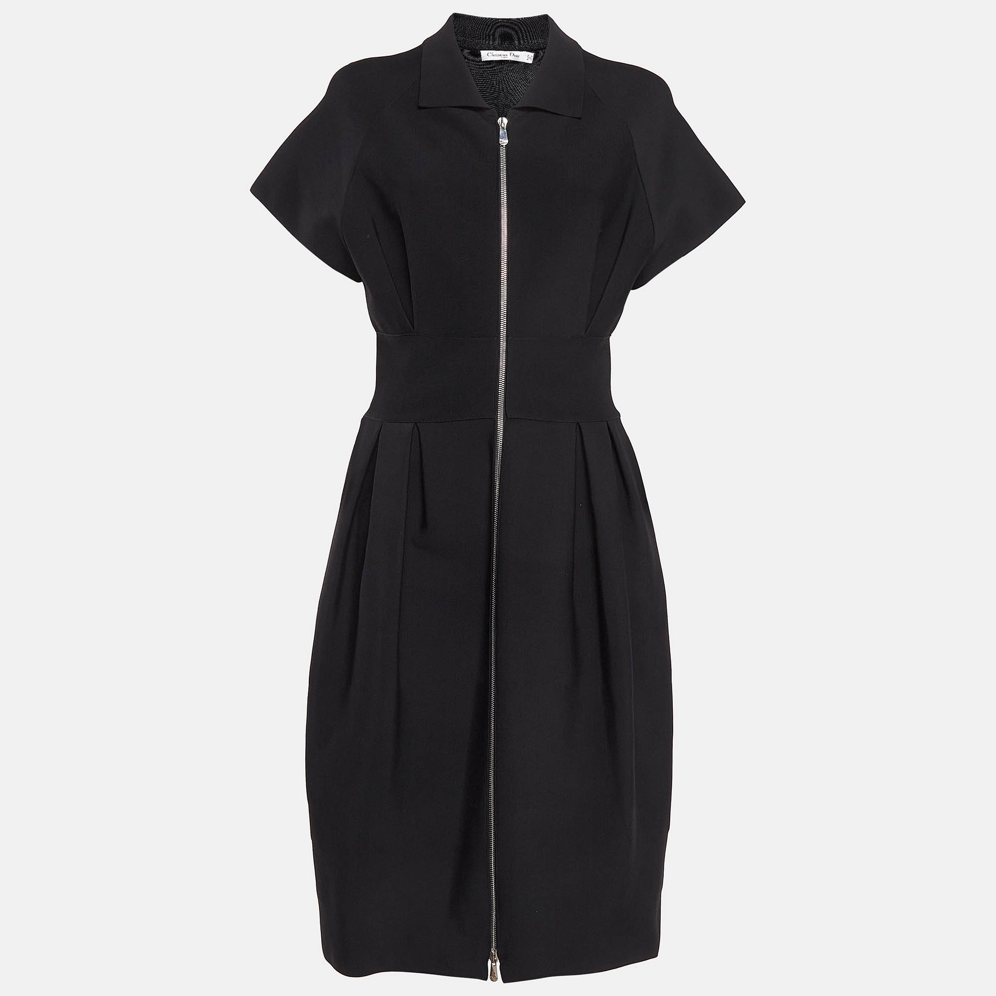 

Christian Dior Black Knit Zip Front Midi Dress M