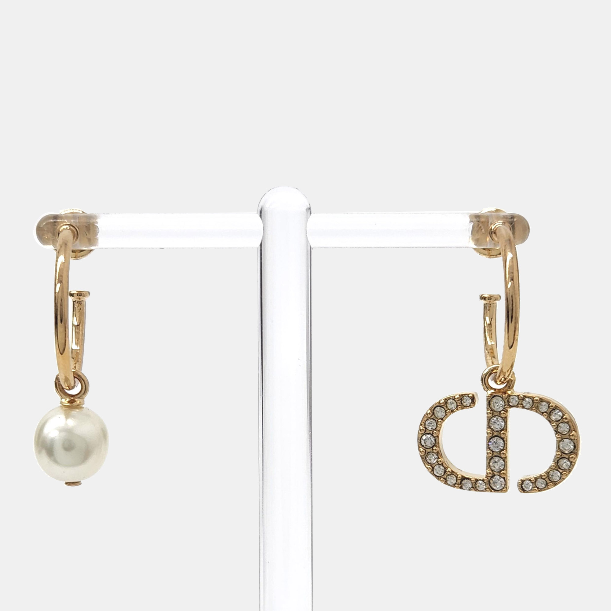 

Christian Dior Gold Metal Crystals White Resin Pearl Petit CD Earrings