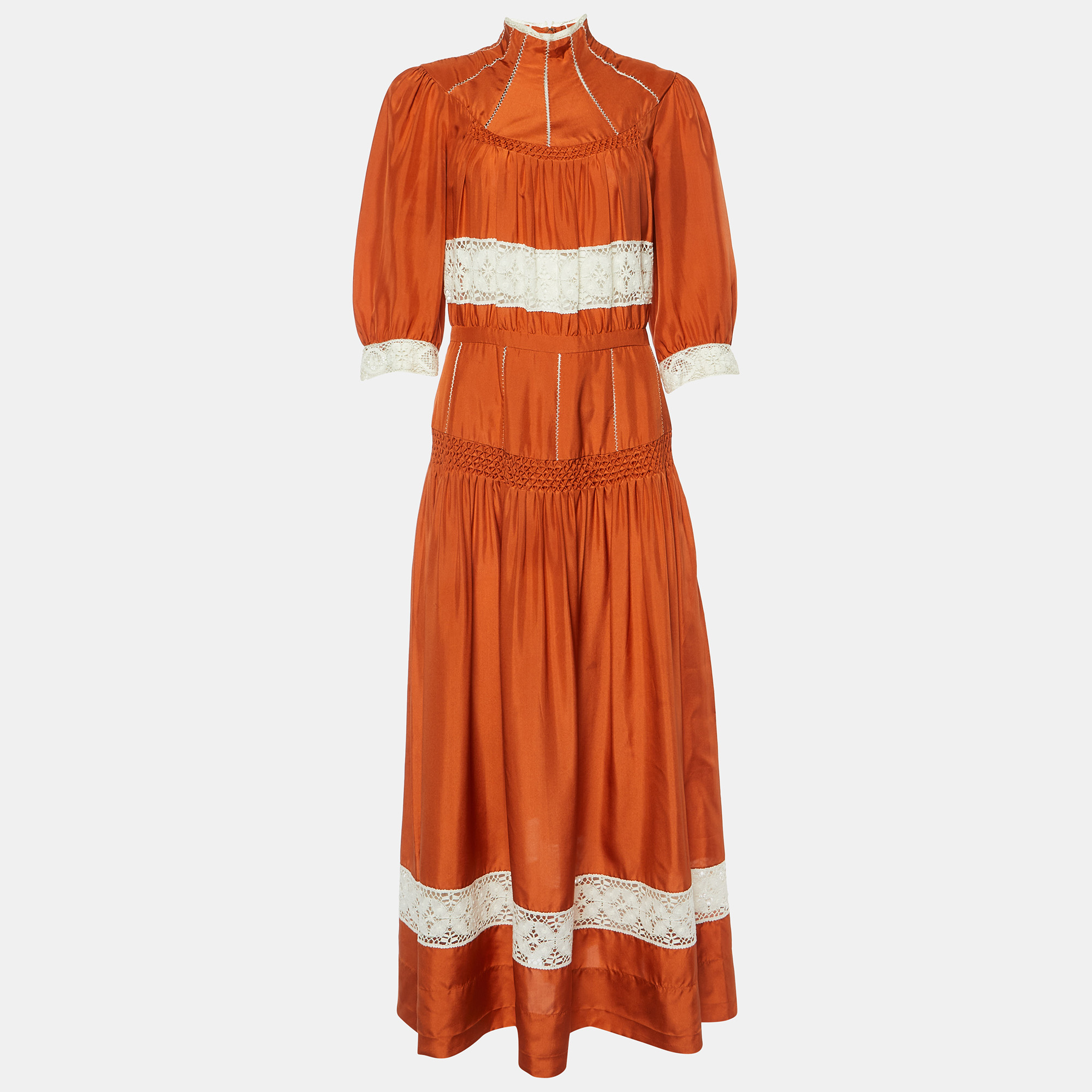 Pre-owned Dior Orange Silk Smocked & Lace Trimmed Maxi Dress L