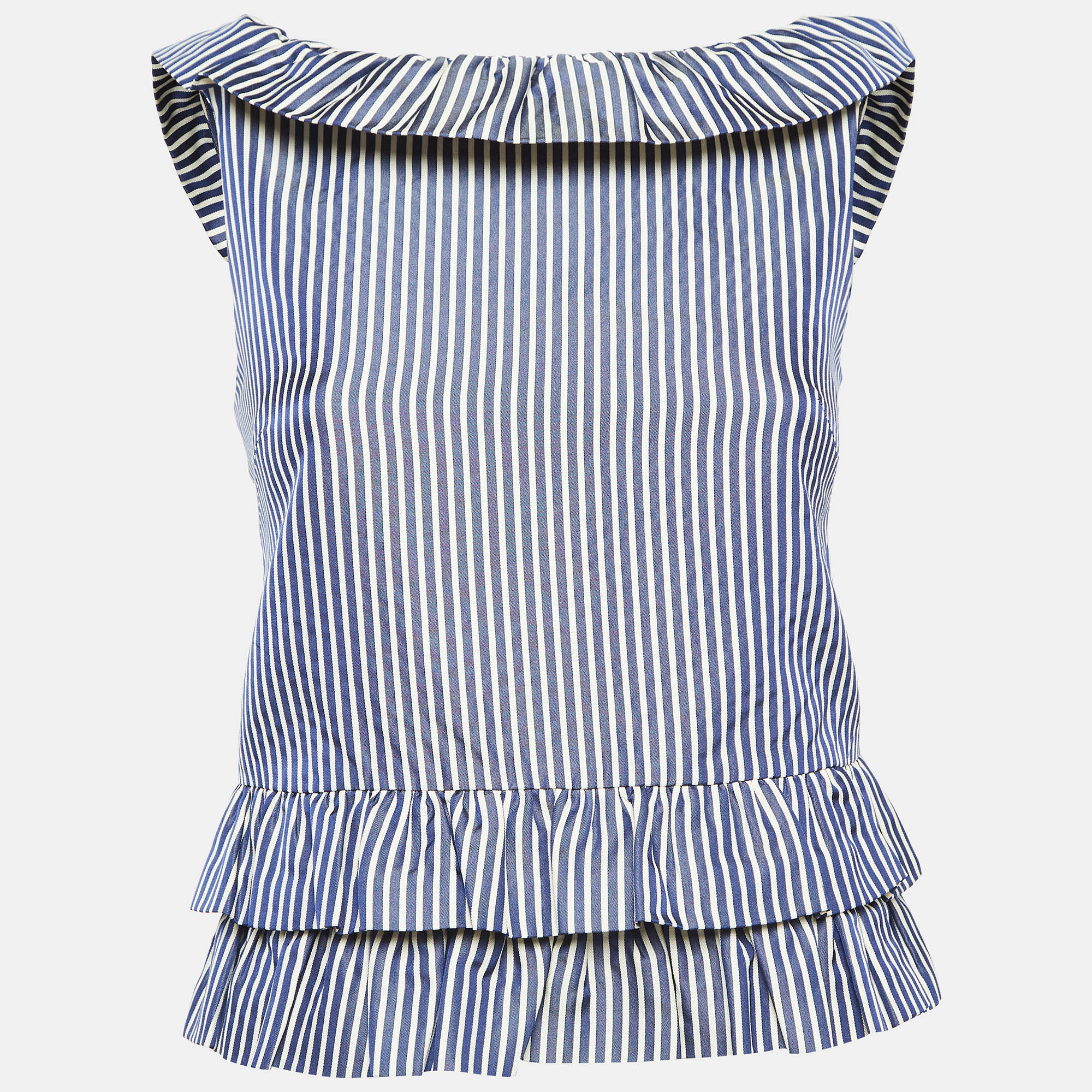 Pre-owned Dior White/blue Stripe Patterned Cotton & Silk Blend Ruffled Top S