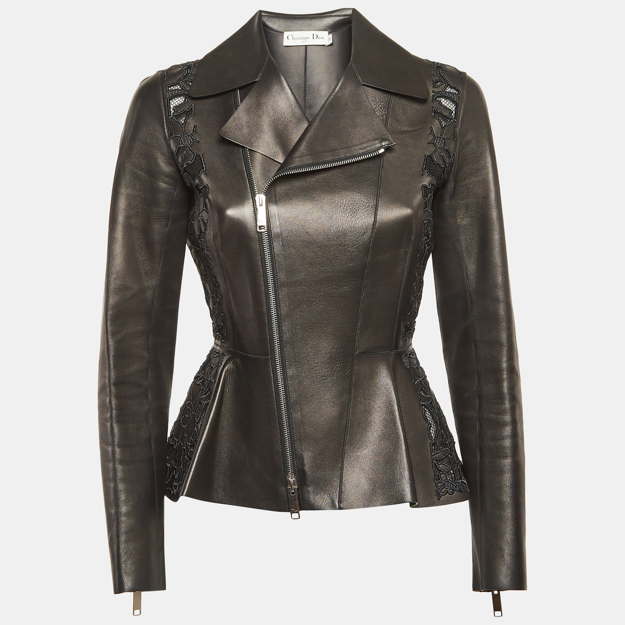 

Christian Dior Black Embroidered Leather Cut-Out Jacket S