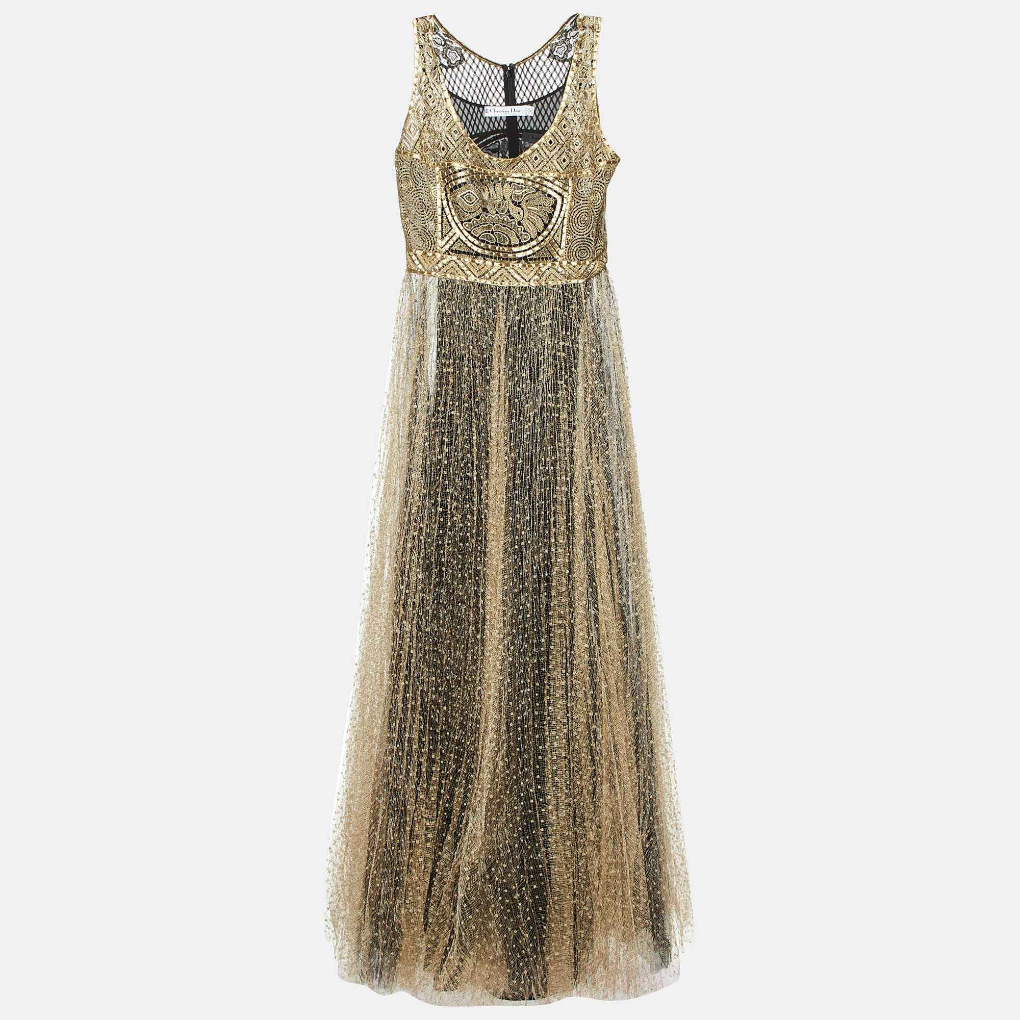 

Dior Gold Embroidered Lace & Tulle Sleeveless Maxi Dress L