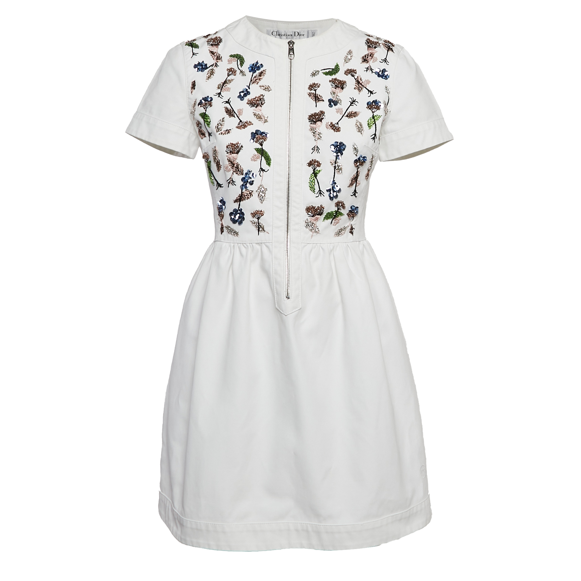 Pre-owned Dior Christian  White Floral Beaded Cotton Mini Dress M