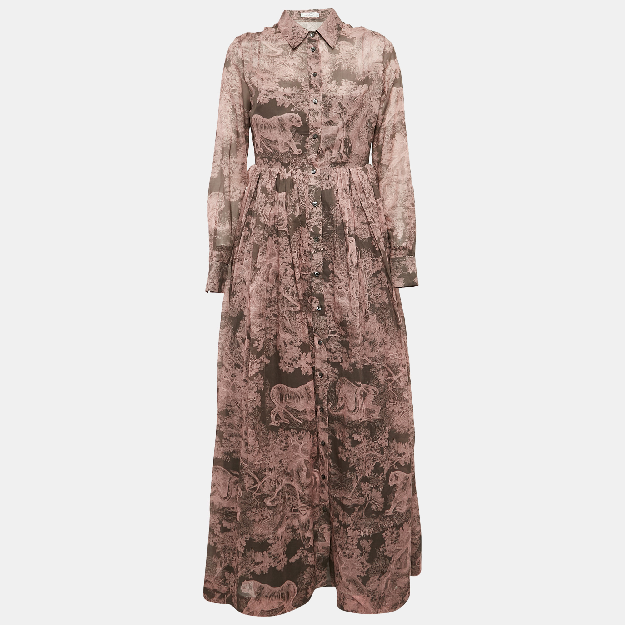 Pre-owned Dior Christian  Pink Printed Cotton Iviera Toile De Jouy Maxi Shirt Dress M