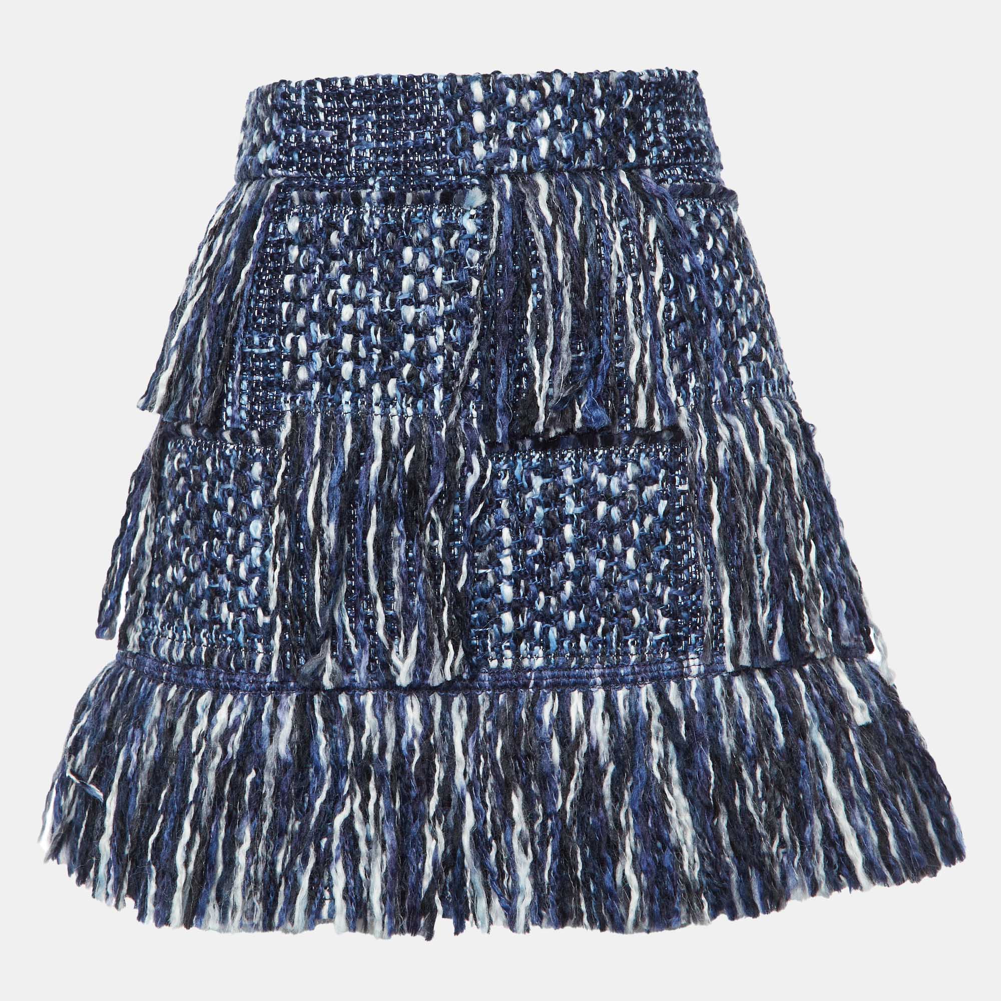 

Dior Blue Tweed Fringed Mini Skirt M, Navy blue