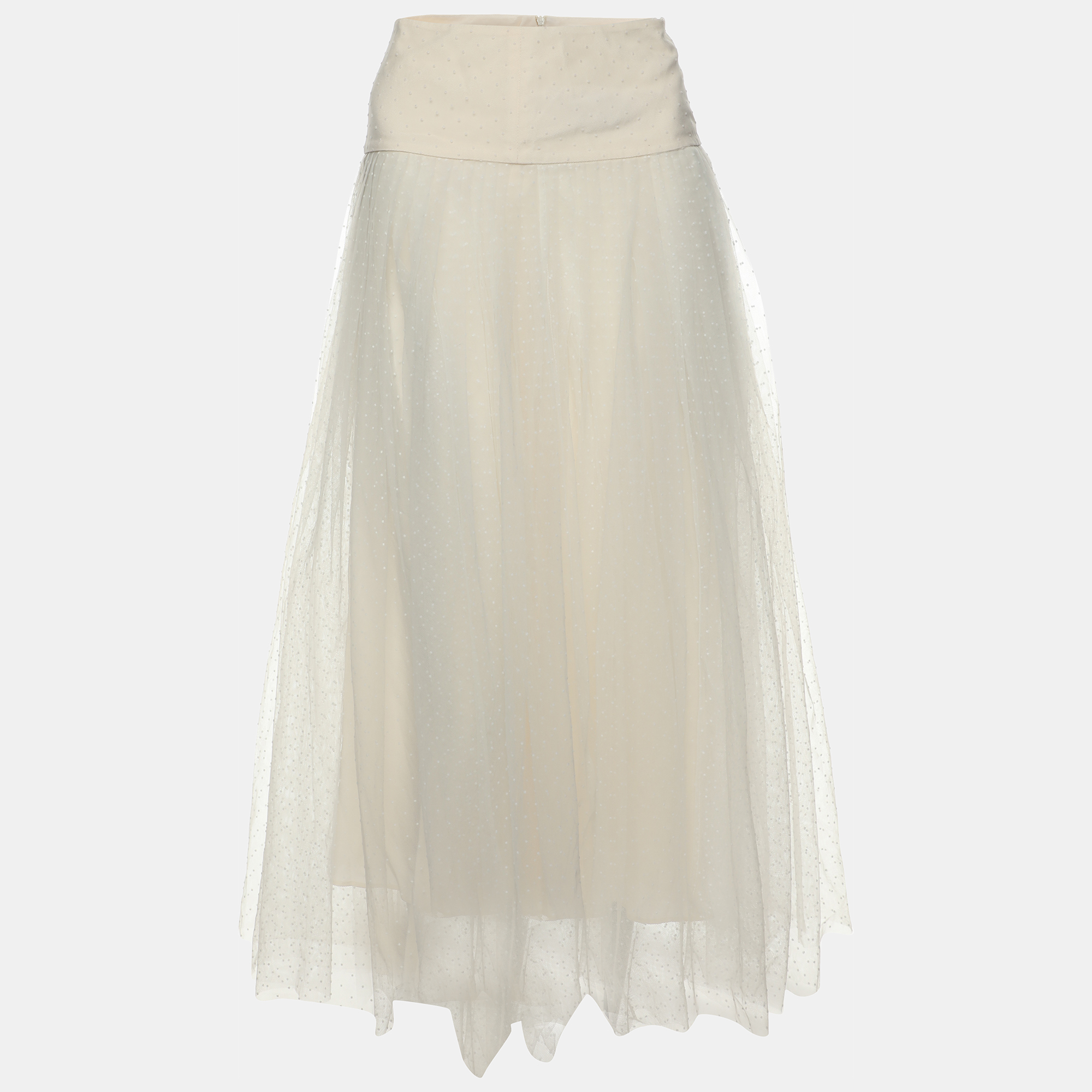 

Dior Cream Textured Tulle Overlay Gathered Midi Skirt S