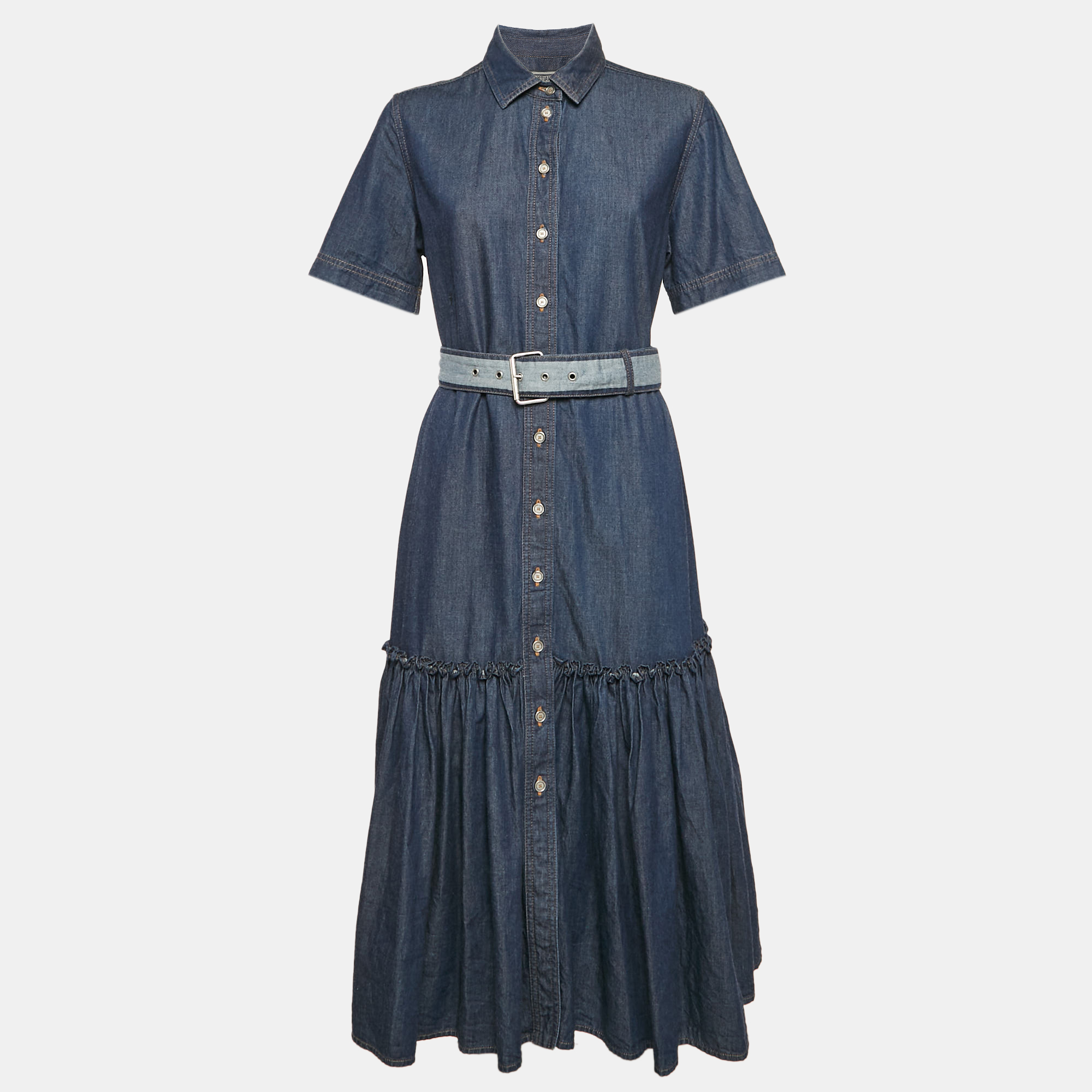 

Christian Dior Blue Denim Belted Flounce Midi Dress M, Navy blue