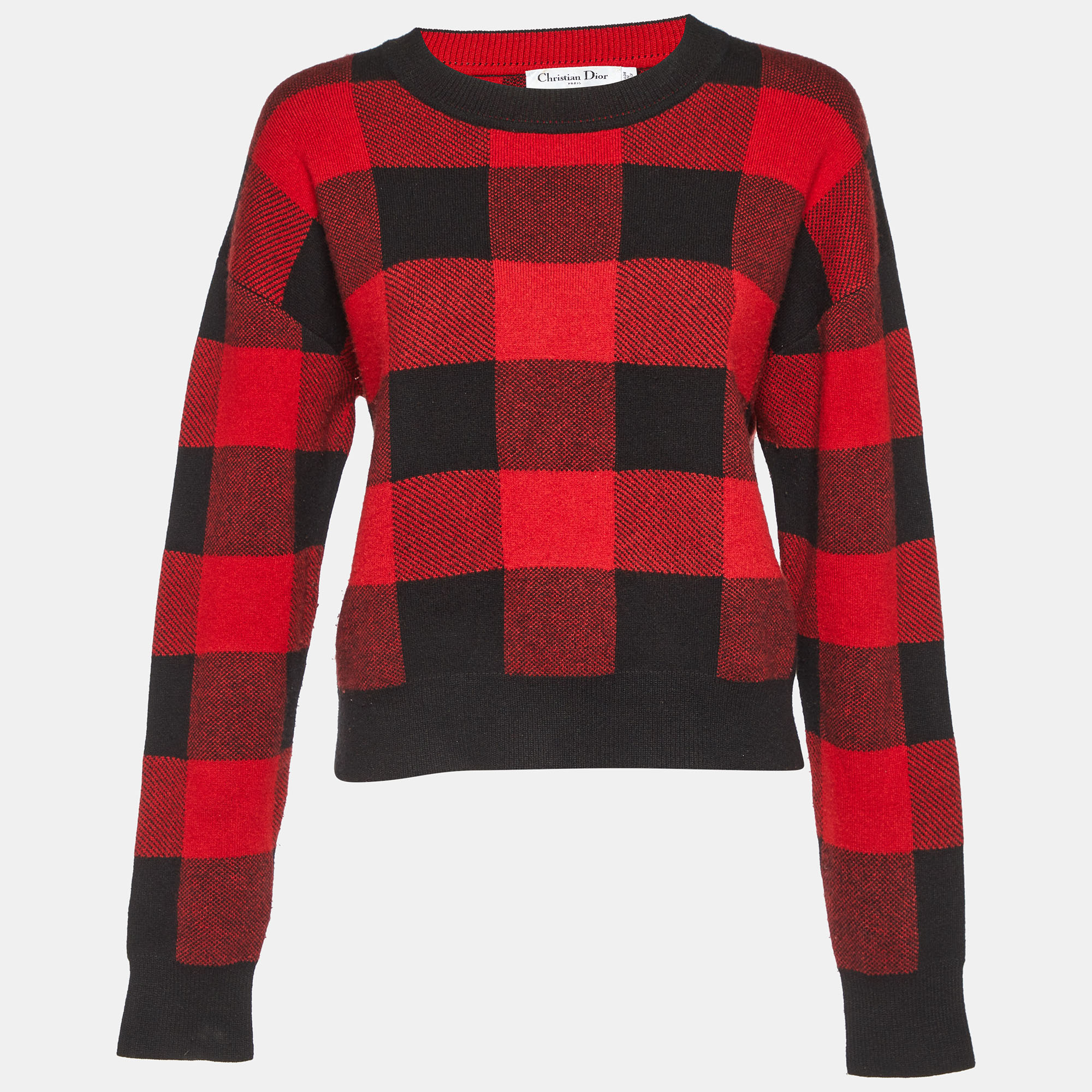 

Dior Red/Black Checked Cashmere Crew Neck Sweater S