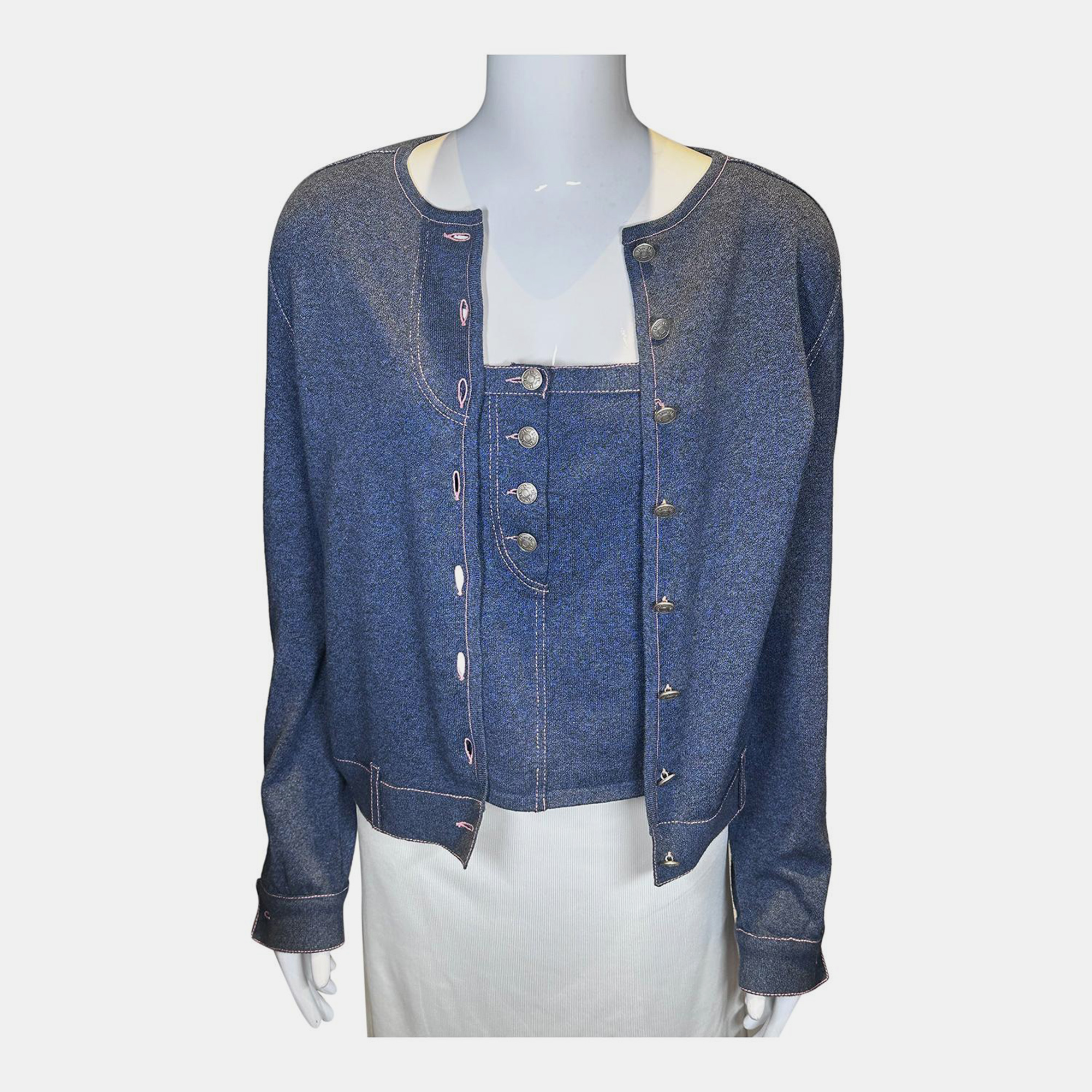 Christian Dior Vintage Blue with Pink Stitching Cardigan and Tank Set 