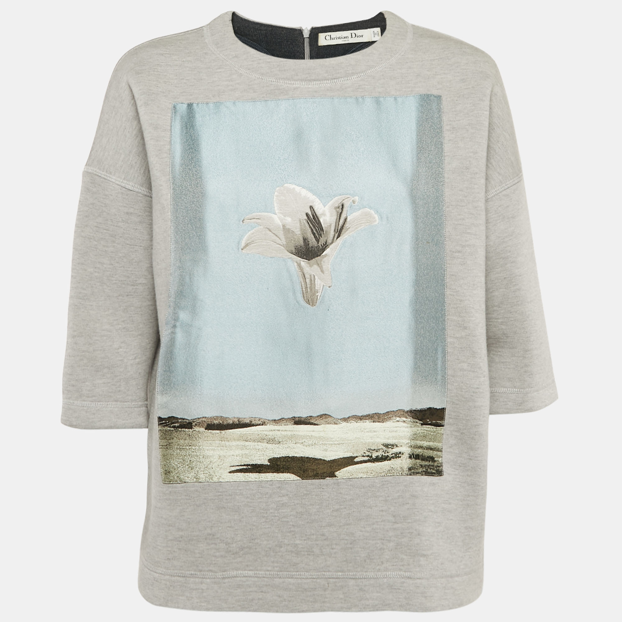 

Christian Dior Grey Floral Silk Applique Wool Sweatshirt S