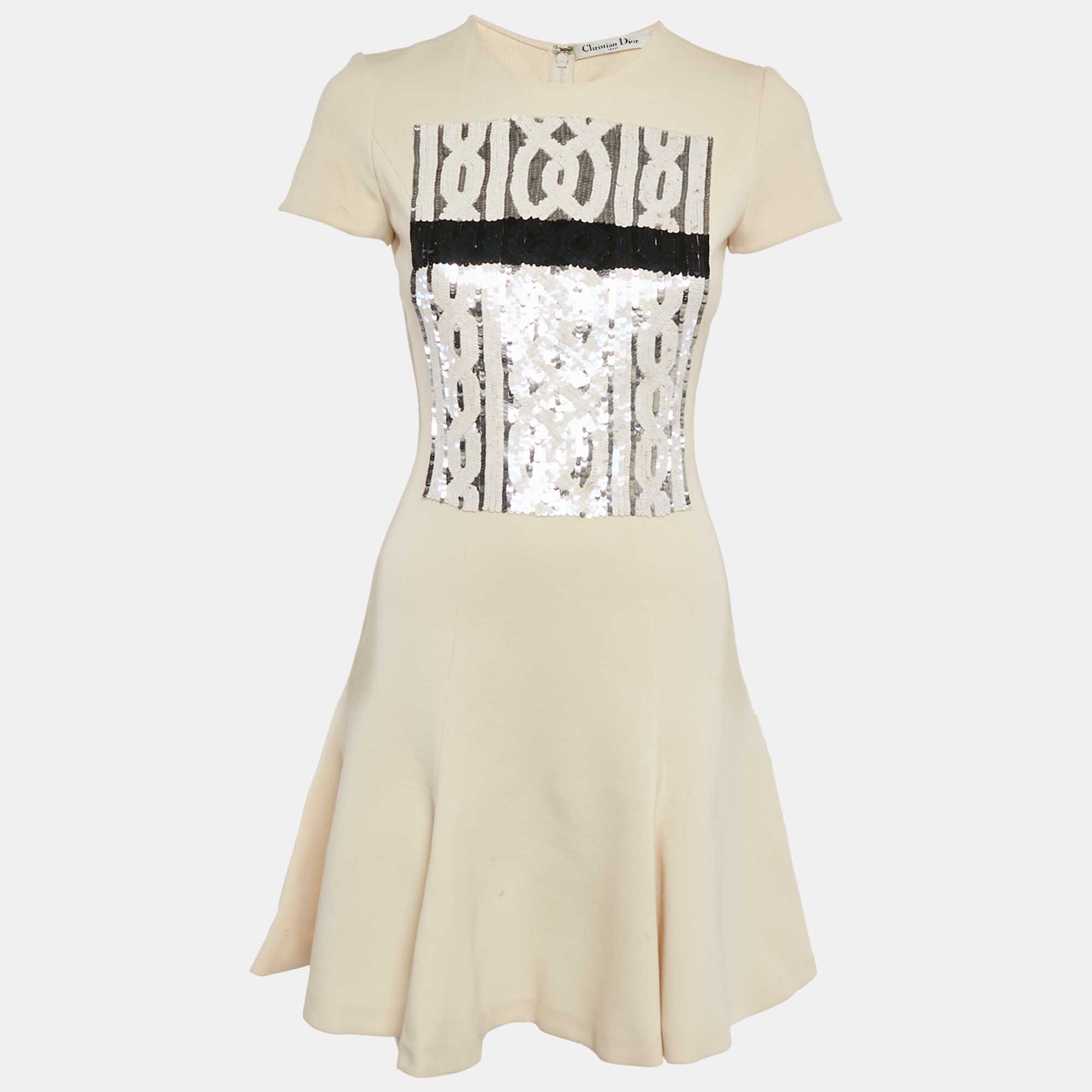 

Christian Dior Cream Sequin Embellished Wool Jersey Flared Mini Dress S