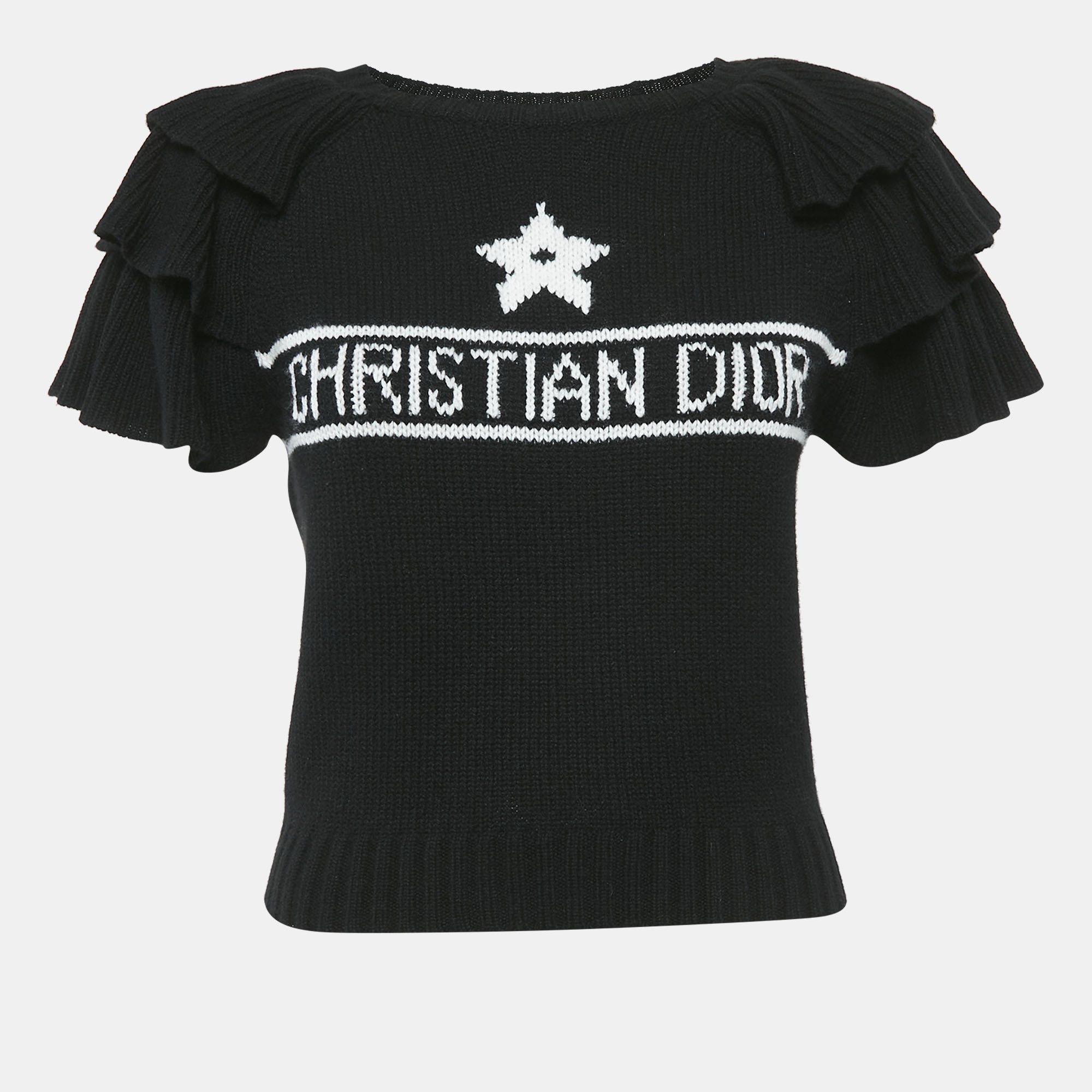 

Christian Dior Black Logo Intarsia Knit Ruffed Sleeve Top M