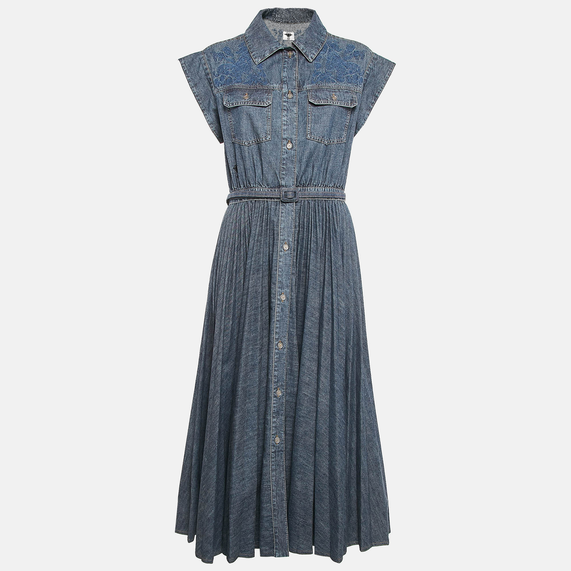 

Dior Blue Butterfly Embroidery Denim Belted Button Front Long Dress L