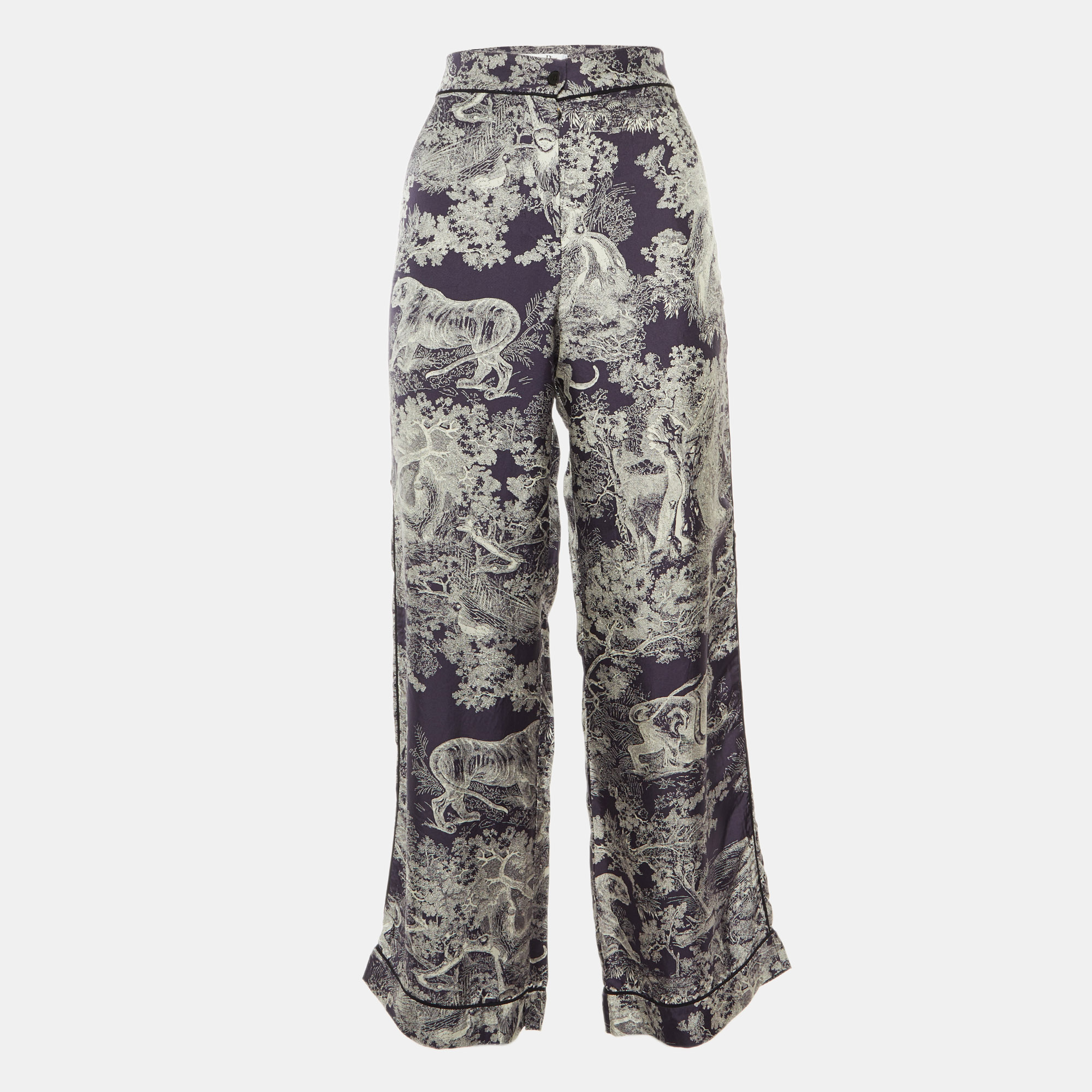 

Dior Navy Blue Toile de Jouy Print Silk Pants M