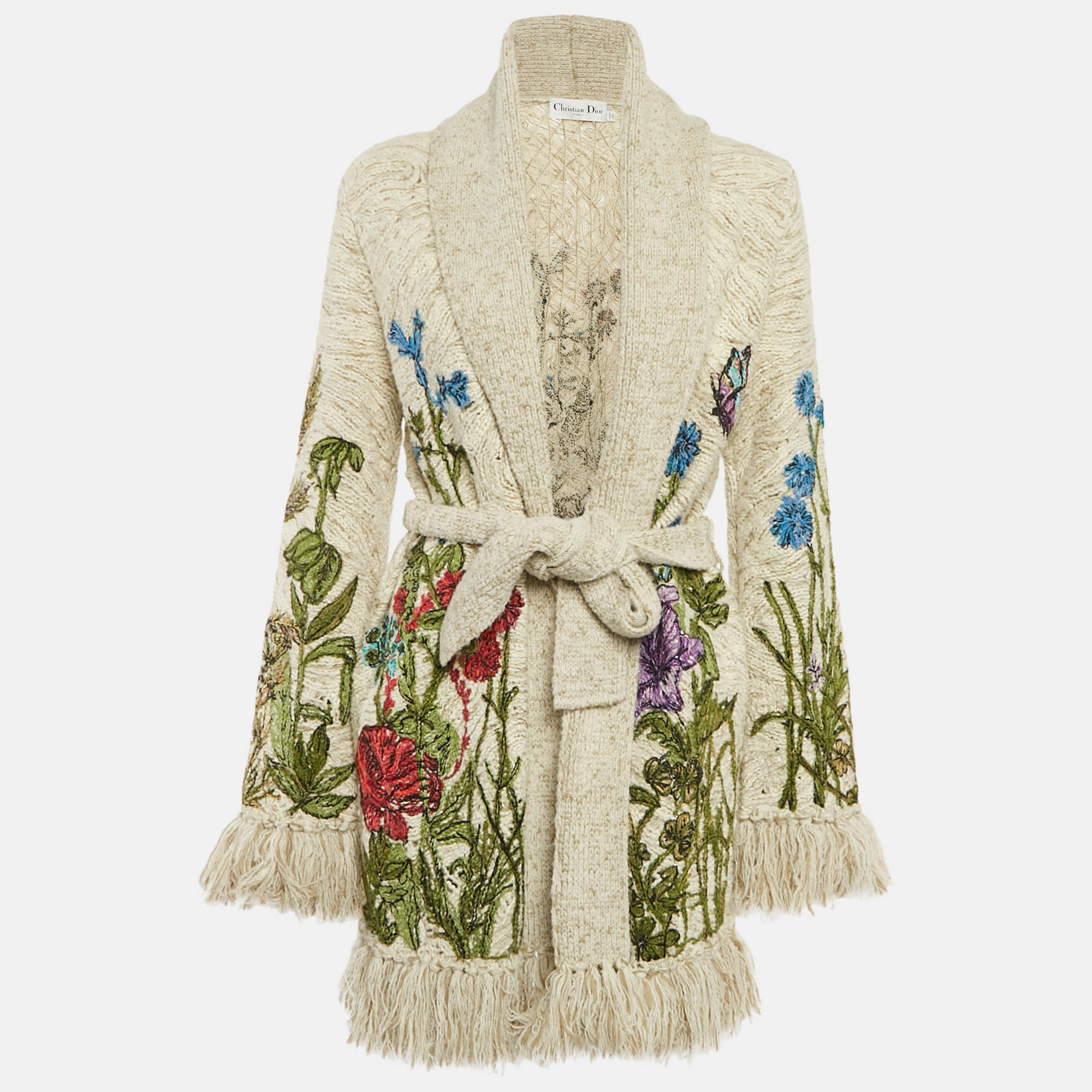 

Christian Dior Beige Floral Embroidered Knit Fringed Cardigan S