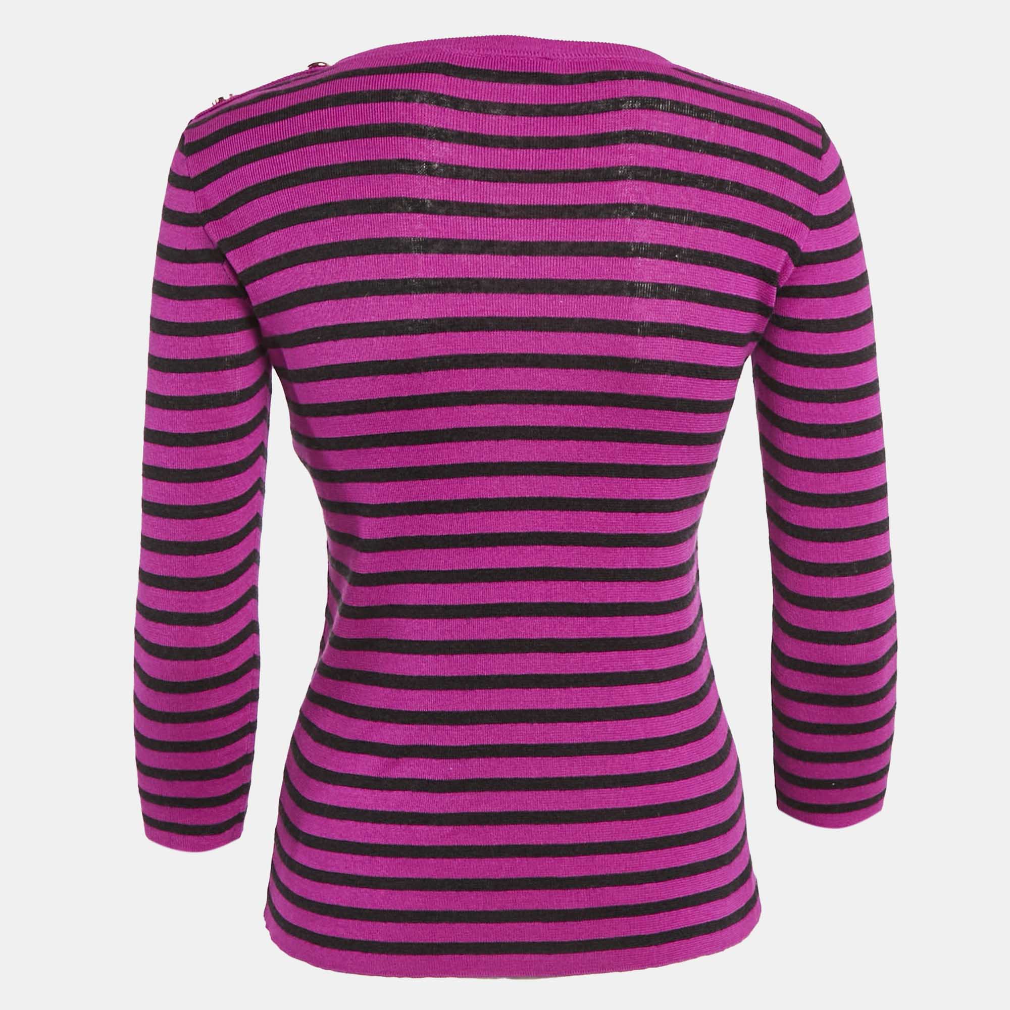 Christian Dior Pink/Black Striped Logo Intarsia Knit Sweater L 