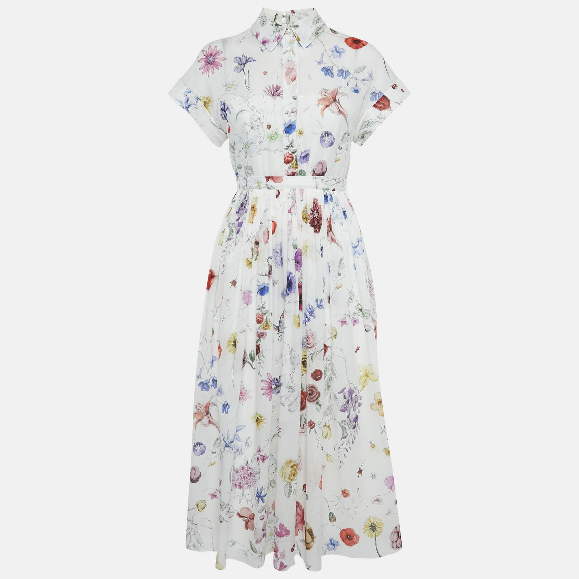 

Christian Dior Floral Print Cotton Gathered Midi Dress S, White