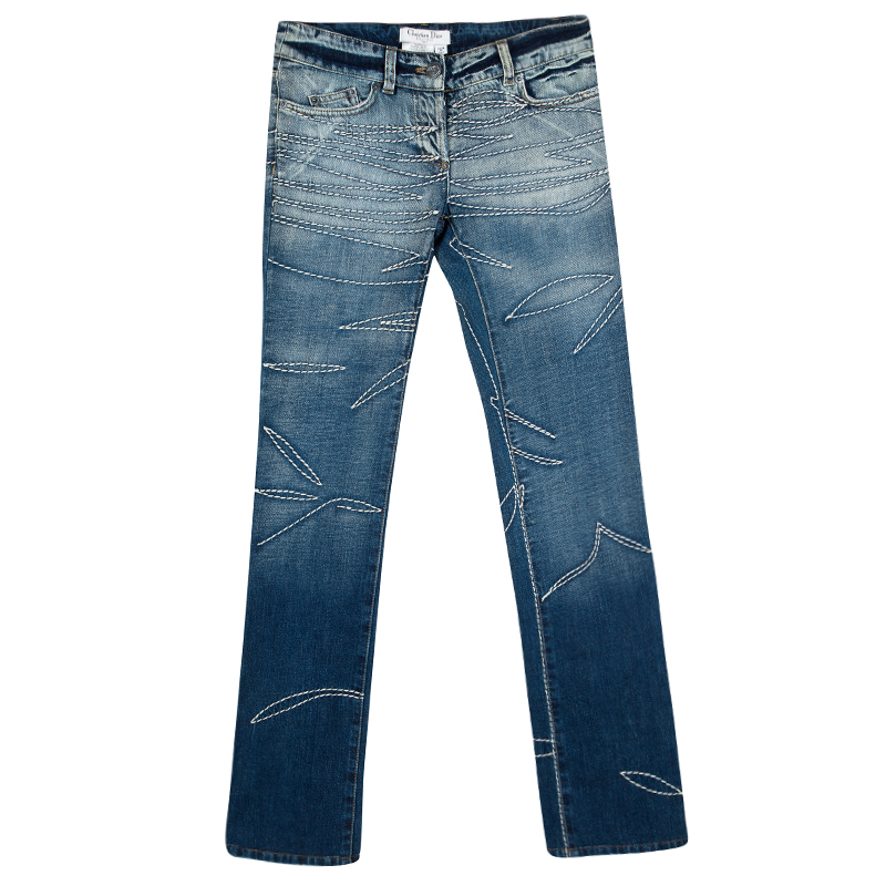 Dior Indigo Light Wash Faded Effect Embroidered Distressed Jeans S