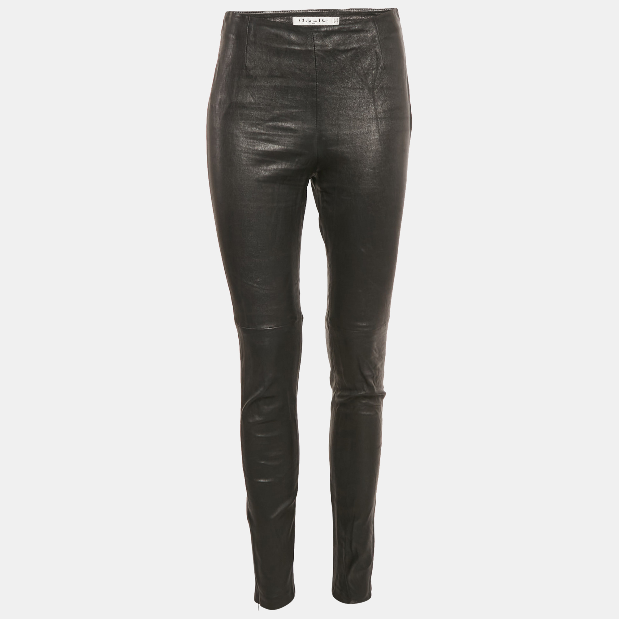 

Dior Black Leather Zip-Up Hem Detail Skinny Pants M