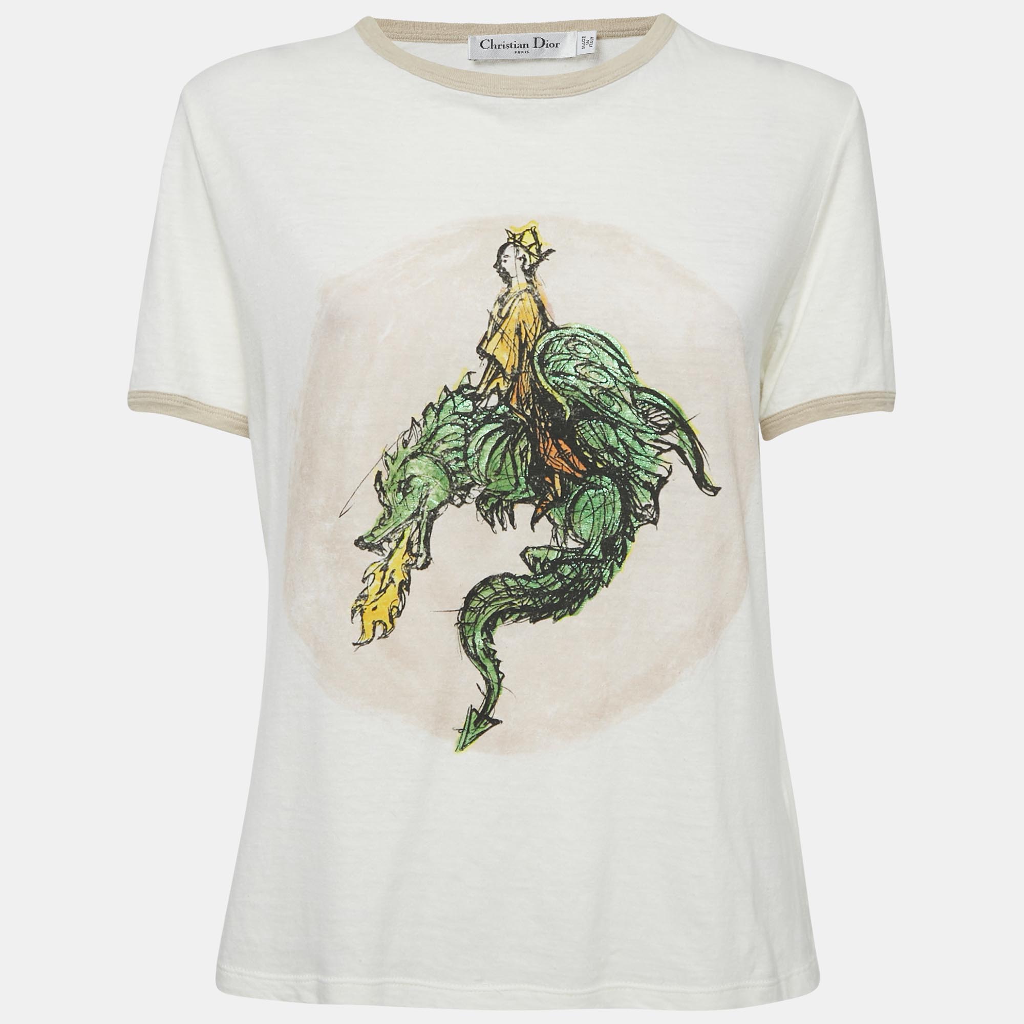 

Dior Off-White Princess-Dragon Print Cotton Knit Top M