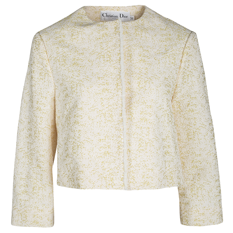 Dior Yellow Textured Frayed Placket Detail Button Front Cropped Jacket S