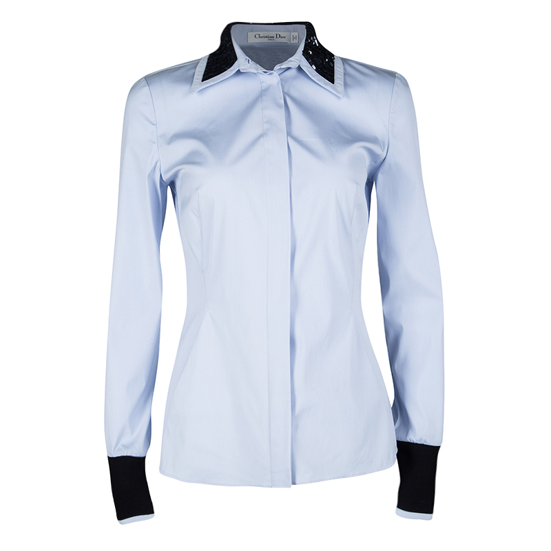 Dior Blue Sequined Collar Contrast Cuff Detail Long Sleeve Shirt S