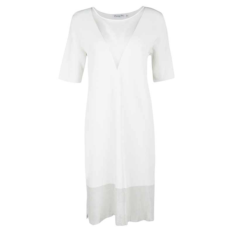 Dior White Knit Mesh Detail Short Sleeve Dress S