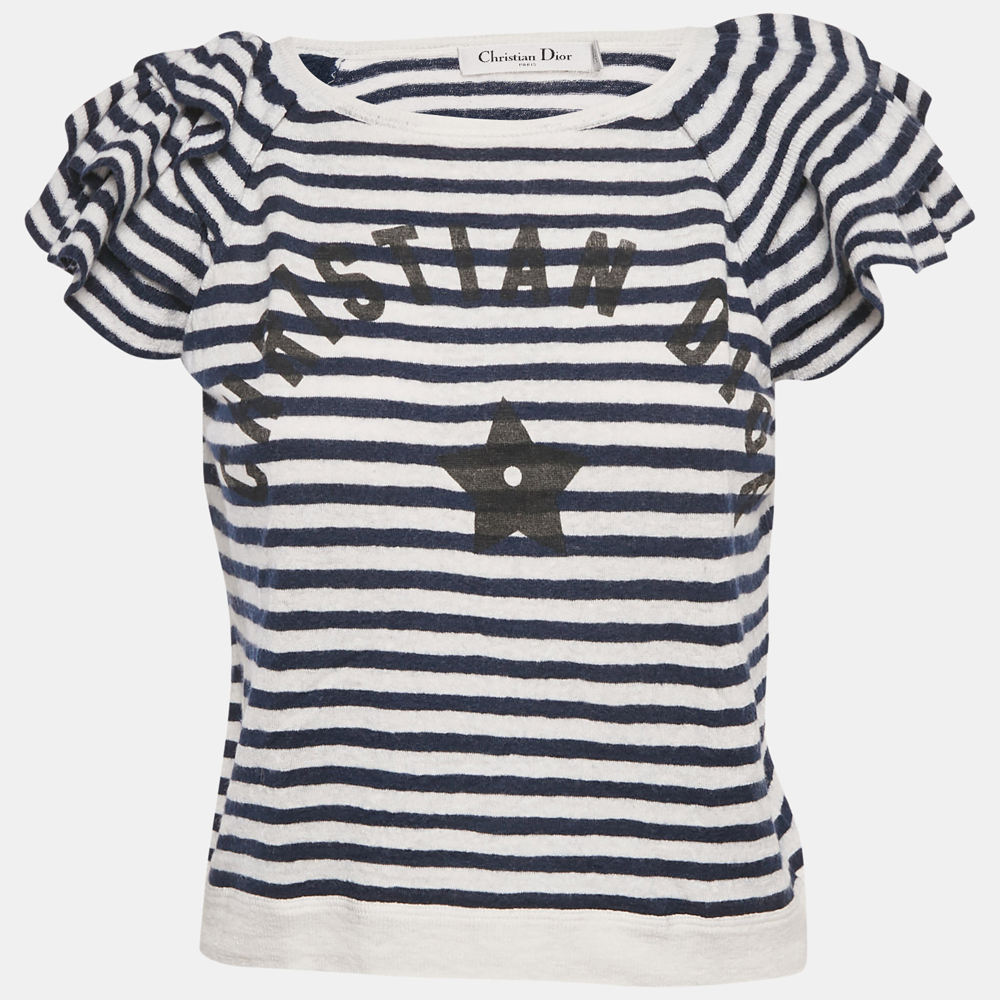 

Christian Dior Blue Striped Linen Knit Ruffled Sleeve Top M