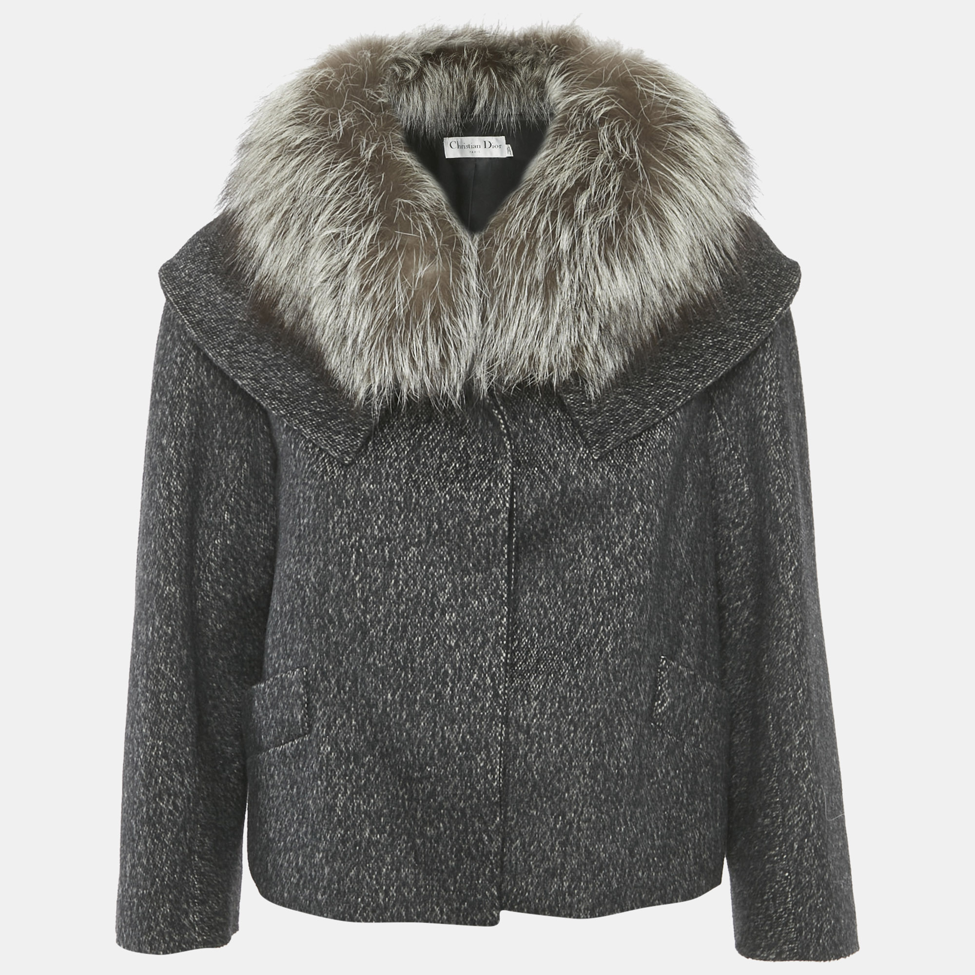 Pre-owned Dior Christian  Dark Grey Wool & Silk Fur Collar Jacket M