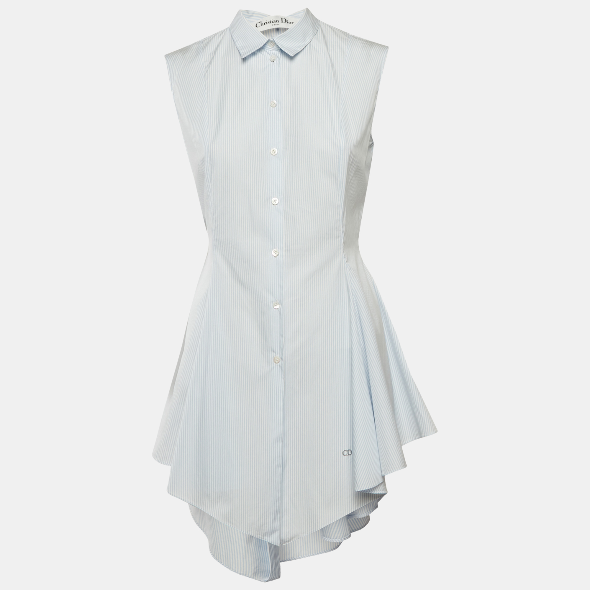 

Christian Dior Blue Pinstripe Cotton Sleeveless Flared Shirt Dress M