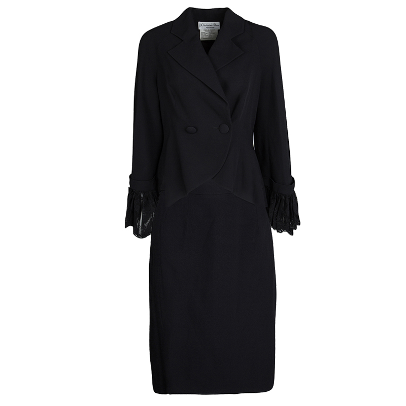 Dior Black Floral Lace Cuffed Blazer and Pencil Skirt Set